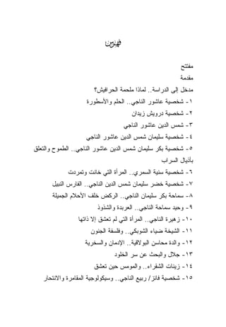 ‫‪‬‬
                                                          ‫ﻤﻔﺘﺘﺢ‬
                                                         ‫ﻤﻘﺩﻤﺔ‬
                      ‫ﻤﺩﺨل ﺇﻟﻰ ﺍﻟﺩﺭﺍﺴﺔ.. ﻟﻤﺎﺫﺍ ﻤﻠﺤﻤﺔ ﺍﻟﺤﺭﺍﻓﻴﺵ؟‬
                   ‫١- ﺸﺨﺼﻴﺔ ﻋﺎﺸﻭﺭ ﺍﻟﻨﺎﺠﻲ.. ﺍﻟﺤﻠﻡ ﻭﺍﻷﺴﻁﻭﺭﺓ‬
                                     ‫٢- ﺸﺨﺼﻴﺔ ﺩﺭﻭﻴﺵ ﺯﻴﺩﺍﻥ‬
                                  ‫٣- ﺸﻤﺱ ﺍﻟﺩﻴﻥ ﻋﺎﺸﻭﺭ ﺍﻟﻨﺎﺠﻲ‬
                   ‫٤- ﺸﺨﺼﻴﺔ ﺴﻠﻴﻤﺎﻥ ﺸﻤﺱ ﺍﻟﺩﻴﻥ ﻋﺎﺸﻭﺭ ﺍﻟﻨﺎﺠﻲ‬
‫٥- ﺸﺨﺼﻴﺔ ﺒﻜﺭ ﺴﻠﻴﻤﺎﻥ ﺸﻤﺱ ﺍﻟﺩﻴﻥ ﻋﺎﺸﻭﺭ ﺍﻟﻨﺎﺠﻲ.. ﺍﻟﻁﻤﻭﺡ ﻭﺍﻟﺘﻌﻠﻕ‬
                                                  ‫ﺒﺄﺫﻴﺎل ﺍﻟﺴﺭﺍﺏ‬
            ‫٦- ﺸﺨﺼﻴﺔ ﺴﻨﻴﺔ ﺍﻟﺴﻤﺭﻱ.. ﺍﻟﻤﺭﺃﺓ ﺍﻟﺘﻲ ﺨﺎﻨﺕ ﻭﺘﻤﺭﺩﺕ‬
      ‫٧- ﺸﺨﺼﻴﺔ ﺨﻀﺭ ﺴﻠﻴﻤﺎﻥ ﺸﻤﺱ ﺍﻟﺩﻴﻥ ﺍﻟﻨﺎﺠﻲ.. ﺍﻟﻔﺎﺭﺱ ﺍﻟﻨﺒﻴل‬
      ‫٨- ﺴﻤﺎﺤﺔ ﺒﻜﺭ ﺴﻠﻴﻤﺎﻥ ﺍﻟﻨﺎﺠﻲ.. ﺍﻟﺭﻜﺽ ﺨﻠﻑ ﺍﻷﺤﻼﻡ ﺍﻟﺠﻤﻴﻠﺔ‬
                       ‫٩- ﻭﺤﻴﺩ ﺴﻤﺎﺤﺔ ﺍﻟﻨﺎﺠﻲ.. ﺍﻟﻌﺭﺒﺩﺓ ﻭﺍﻟﺸﺫﻭﺫ‬
                ‫٠١- ﺯﻫﻴﺭﺓ ﺍﻟﻨﺎﺠﻲ.. ﺍﻟﻤﺭﺃﺓ ﺍﻟﺘﻲ ﻟﻡ ﺘﻌﺸﻕ ﺇﻻ ﺫﺍﺘﻬﺎ‬
                     ‫١١- ﺍﻟﺸﻴﺨﺔ ﻀﻴﺎﺀ ﺍﻟﺸﻭﺒﻜﻲ.. ﻭﻓﻠﺴﻔﺔ ﺍﻟﺠﻨﻭﻥ‬
                   ‫٢١- ﻭﺍﻟﺩﺓ ﻤﺤﺎﺴﻥ ﺍﻟﺒﻭﻻﻗﻴﺔ.. ﺍﻹﺩﻤﺎﻥ ﻭﺍﻟﺴﺨﺭﻴﺔ‬
                              ‫٣١- ﺠﻼل ﻭﺍﻟﺒﺤﺙ ﻋﻥ ﺴﺭ ﺍﻟﺨﻠﻭﺩ‬
                      ‫٤١- ﺯﻴﻨﺎﺕ ﺍﻟﺸﻘﺭﺍﺀ.. ﻭﺍﻟﻤﻭﻤﺱ ﺤﻴﻥ ﺘﻌﺸﻕ‬
   ‫٥١- ﺸﺨﺼﻴﺔ ﻓﺎﺌﺯ/ ﺭﺒﻴﻊ ﺍﻟﻨﺎﺠﻲ.. ﻭﺴﻴﻜﻭﻟﻭﺠﻴﺔ ﺍﻟﻤﻘﺎﻤﺭﺓ ﻭﺍﻻﻨﺘﺤﺎﺭ‬
 