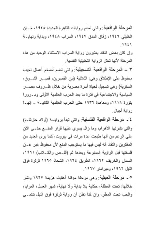 ‫ﺍﻟﻤﺭﺤﻠﺔ ﺍﻟﻭﺍﻗﻌﻴﺔ: ﻭﺍﻟﺘﻲ ﺘﻀﻡ ﺭﻭﺍﻴﺎﺕ ﺍﻟﻘﺎﻫﺭﺓ ﺍﻟﺠﺩﻴﺩﺓ ٥٤٩١، ﺨـﺎﻥ‬
‫ﺍﻟﺨﻠﻴﻠﻲ ٦٤٩١، ﺯﻗﺎﻕ ﺍﻟﻤﺩﻕ ٧٤٩١، ﺍﻟﺴﺭﺍﺏ ٨٤٩١، ﻭﺒﺩﺍﻴﺔ ﻭﻨﻬﺎﻴـﺔ‬
                                                            ‫٩٤٩١.‬
‫ﻭﺇﻥ ﻜﺎﻥ ﺒﻌﺽ ﺍﻟﻨﻘﺎﺩ ﻴﻌﺘﺒﺭﻭﻥ ﺭﻭﺍﻴﺔ ﺍﻟﺴﺭﺍﺏ ﺍﻻﺴﺘﺜﻨﺎﺀ ﺍﻟﻭﺤﻴﺩ ﻤﻥ ﻫﺫﻩ‬
                        ‫ﺍﻟﻤﺭﺤﻠﺔ ﻷﻨﻬﺎ ﺘﻤﺜل ﺍﻟﺭﻭﺍﻴﺔ ﺍﻟﺘﺤﻠﻴﻠﻴﺔ ﺍﻟﻨﻔﺴﻴﺔ.‬
‫٣ – ﺍﻟﻤﺭﺤﻠﺔ ﺍﻟﻭﺍﻗﻌﻴﺔ ﺍﻟﺘﺴﺠﻴﻠﻴﺔ: ﻭﺍﻟﺘﻲ ﺘﻀﻡ ﺃﻀﺨﻡ ﺃﻋﻤﺎل ﻨﺠﻴﺏ‬
‫ﻤﺤﻔﻭﻅ ﻋﻠﻰ ﺍﻹﻁﻼﻕ ﻭﻫﻲ: ﺍﻟﺜﻼﺜﻴﺔ )ﺒﻴﻥ ﺍﻟﻘﺼﺭﻴﻥ، ﻗﺼـﺭ ﺍﻟﺸـﻭﻕ،‬
‫ﺍﻟﺴﻜﺭﻴﺔ( ﻭﻫﻲ ﺘﺴﺠﻴل ﻟﺤﻴﺎﺓ ﺃﺴﺭﺓ ﻤﺼﺭﻴﺔ ﻤﻥ ﺨﻼل ﻅـﺭﻭﻑ ﻤﺼـﺭ‬
‫ﺍﻟﺴﻴﺎﺴﻴﺔ ﻭﺍﻻﺠﺘﻤﺎﻋﻴﺔ ﻓﻲ ﻓﺘﺭﺓ ﻤﺎ ﺒﻌﺩ ﺍﻟﺤﺭﺏ ﺍﻟﻌﺎﻟﻤﻴﺔ ﺍﻷﻭﻟﻰ ﻭﻤـﺭﻭﺭﺍ‬
‫ﹰ‬
‫ﺒﺜﻭﺭﺓ ٩١٩١، ﻭﻤﻌﺎﻫﺩﺓ ٦٣٩١ ﺤﺘﻰ ﺍﻟﺤﺭﺏ ﺍﻟﻌﺎﻟﻤﻴﺔ ﺍﻟﺜﺎﻨﻴـﺔ – ﺇﻨﻬـﺎ‬
                                                      ‫ﺭﻭﺍﻴﺔ ﺃﺠﻴﺎل.‬
‫٤ـ ﻤﺭﺤﻠﺔ ﺍﻟﻭﺍﻗﻌﻴﺔ ﺍﻟﻔﻠﺴﻔﻴﺔ: ﻭﺍﻟﺘﻲ ﺘﺒﺩﺃ ﺒﺭﻭﺍﻴـﺔ )ﺃﻭﻻﺩ ﺤﺎﺭﺘﻨـﺎ(‬
‫ﻭﺍﻟﺘﻲ ﻨﺸﺭﺘﻬﺎ ﺍﻷﻫﺭﺍﻡ، ﻭﻤﺎ ﺯﺍل ﻴﺴﺭﻱ ﻋﻠﻴﻬﺎ ﻗﺭﺍﺭ ﺍﻟﻤﻨـﻊ ﺤﺘـﻰ ﺍﻵﻥ‬
‫ﻋﻠﻰ ﺍﻟﺭﻏﻡ ﻤﻥ ﺃﻨﻬﺎ ﻁﺒﻌﺕ ﻋﺩﺓ ﻤﺭﺍﺕ ﻓﻲ ﺒﻴﺭﻭﺕ، ﻜﻤﺎ ﻴﺭﻯ ﺍﻟﻌﺩﻴﺩ ﻤﻥ‬
‫ﺍﻟﻤﻔﻜﺭﻴﻥ ﻭﺍﻟﻨﻘﺎﺩ ﺃﻨﻪ ﻟﻴﺱ ﻓﻴﻬﺎ ﻤﺎ ﻴﺴﺘﻭﺠﺏ ﺍﻟﻤﻨﻊ ﻷﻥ ﻤﺤﻔﻭﻅ ﻋﺒﺭ ﻋـﻥ‬
‫ﻓﻠﺴﻔﺘﻬﺎ ﻗﺒل ﺍﻟﺭﺍﻭﻴﺔ ﺍﻟﻤﻤﻨﻭﻋﺔ ﻭﺒﻌﺩﻫﺎ ﺜﻡ )ﺍﻟﻠـﺹ ﻭﺍﻟﻜـﻼﺏ( ١٦٩١،‬
‫ﺍﻟﺴﻤﺎﻥ ﻭﺍﻟﺨﺭﻴﻑ ٢٦٩١، ﺍﻟﻁﺭﻴﻕ ٤٦٩١، ﺍﻟﺸﺤﺎﺫ ٥٦٩١ ﺜﺭﺜﺭﺓ ﻓﻭﻕ‬
                                   ‫ﺍﻟﻨﻴل ٦٦٩١، ﻭﻤﻴﺭﺍﻤﺎﺭ ٧٦٩١.‬
‫٥ـ ﻤﺭﺤﻠﺔ ﺍﻟﻌﺒﺜﻴﺔ: ﻭﻫﻲ ﻤﺭﺤﻠﺔ ﻤﺅﻗﺘﺔ ﺃﻋﻘﺒﺕ ﻫﺯﻴﻤﺔ ٧٦٩١ ﻭﻨﺸﺭ‬
‫ﺨﻼﻟﻬﺎ: ﺘﺤﺕ ﺍﻟﻤﻅﻠﺔ، ﺤﻜﺎﻴﺔ ﺒﻼ ﺒﺩﺍﻴﺔ ﻭﻻ ﻨﻬﺎﻴﺔ، ﺸﻬﺭ ﺍﻟﻌﺴل، ﺍﻟﻤﺭﺍﻴﺎ،‬
‫ﻭﺍﻟﺤﺏ ﺘﺤﺕ ﺍﻟﻤﻁﺭ، ﻭﺇﻥ ﻜﻨﺎ ﻨﻅﻥ ﺃﻥ ﺭﻭﺍﻴﺔ ﺜﺭﺜﺭﺓ ﻓﻭﻕ ﺍﻟﻨﻴل ﺘﻨﺘﻤـﻲ‬
 