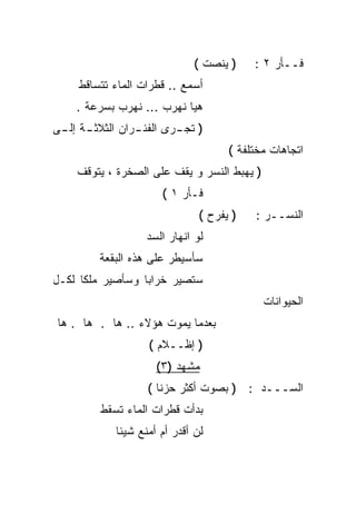 ‫) ﻴﻨﺼﺕ (‬    ‫ﻓــﺄﺭ ٢ :‬
    ‫ﺃﺴﻤﻊ .. ﻗﻁﺭﺍﺕ ﺍﻟﻤﺎﺀ ﺘﺘﺴﺎﻗﻁ‬
    ‫ﻫﻴﺎ ﻨﻬﺭﺏ ... ﻨﻬﺭﺏ ﺒﺴﺭﻋﺔ .‬
‫ـﺔ ـﻰ‬
 ‫) ـﺭﻯ ـﺭﺍﻥ ﺍﻟﺜﻼﺜـ ﺇﻟـ‬
               ‫ﺍﻟﻔﺌـ‬ ‫ﺘﺠـ‬
                                    ‫ﺍﺘﺠﺎﻫﺎﺕ ﻤﺨﺘﻠﻔﺔ (‬
    ‫) ﻴﻬﺒﻁ ﺍﻟﻨﺴﺭ ﻭ ﻴﻘﻑ ﻋﻠﻰ ﺍﻟﺼﺨﺭﺓ ، ﻴﺘﻭﻗﻑ‬
                     ‫ﻓـﺄﺭ ١ (‬
                              ‫) ﻴﻔﺭﺡ (‬   ‫ﺍﻟﻨﺴــﺭ :‬
                  ‫ﻟﻭ ﺍﻨﻬﺎﺭ ﺍﻟﺴﺩ‬
        ‫ﺴﺄﺴﻴﻁﺭ ﻋﻠﻰ ﻫﺫﻩ ﺍﻟﺒﻘﻌﺔ‬
‫ﺴﺘﺼﻴﺭ ﺨﺭﺍﺒﺎ ﻭﺴﺄﺼﻴﺭ ﻤﻠﻜﺎ ﻟﻜـل‬
     ‫ﹰ‬           ‫ﹰ‬
                                            ‫ﺍﻟﺤﻴﻭﺍﻨﺎﺕ‬
‫ﺒﻌﺩﻤﺎ ﻴﻤﻭﺕ ﻫﺅﻻﺀ .. ﻫﺎ . ﻫﺎ . ﻫﺎ‬
                  ‫) ﺇﻅــﻼﻡ (‬
                    ‫ﻤﺸﻬﺩ )٣(‬
                  ‫ﺍﻟﺴـــﺩ : ) ﺒﺼﻭﺕ ﺃﻜﺜﺭ ﺤﺯﻨﺎ (‬
                    ‫ﹰ‬
        ‫ﺒﺩﺃﺕ ﻗﻁﺭﺍﺕ ﺍﻟﻤﺎﺀ ﺘﺴﻘﻁ‬
           ‫ﻟﻥ ﺃﻗﺩﺭ ﺃﻡ ﺃﻤﻨﻊ ﺸﻴﺌﺎ‬
           ‫ﹰ‬
 