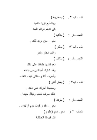 ‫ﺸــﺎﺏ ٢ : ) ﺒﺴﺨﺭﻴﺔ (‬
           ‫ﻭﺒﺎﻟﻁﺒﻊ ﺘﺭﻴﺩ ﺨﺸﺒﺎ‬
           ‫ﹰ‬
          ‫ﻜﻰ ﺘﺩﻋﻡ ﻗﻭﺍﺌﻡ ﺍﻟﺴﺩ‬
                            ‫) ﺒﺘﺄﻜﻴﺩ (‬   ‫ﺍﻟﻨﺠــﺎﺭ :‬
        ‫ﻨﻌﻡ .. ﻨﻌﻥ ﻨﺭﻴﺩ ﺫﻟﻙ .‬
                             ‫) ﺒﻤﻜﺭ (‬    ‫ﺸــﺎﺏ ٣:‬
             ‫ﻭﺃﻨﺕ ﻨﺠﺎﺭ ﻤﺎﻫﺭ‬
                            ‫) ﺒﺘﺄﻜﻴﺩ (‬   ‫ﺍﻟﻨﺠــﺎﺭ :‬
      ‫ﻨﻌﻡ ﺘﺸﻬﺩ ﺒﻠﺩﺘﻨﺎ ﻋﻠﻰ ﺫﻟﻙ‬
   ‫ﻭﻗﺩ ﺸﺎﺭﻙ ﺃﺠﺩﺍﺩﻯ ﻓﻰ ﺒﻨﺎﺌﻪ‬
‫ﻭﺃﻋﺭﻑ ﺃﻨﺎ ﻭﻋﺎﺌﻠﺘﻰ ﻜﻴﻑ ﻨﻨﻘﺫﻩ‬
                        ‫) ﺒﻤﻜﺭ ﺃﻜﺜﺭ (‬    ‫ﺸــﺎﺏ٣ :‬
     ‫ﻭﺴﺘﺄﺨﺫ ﺃﺠﺭﻙ ﻋﻠﻰ ﺫﻟﻙ .‬
‫ﻷﻨﻙ ﺴﻭﻑ ﺘﺘﻌﺏ ﻭﺘﺒﺫل ﺠﻬﺩﺍ .‬
  ‫ﹰ‬
                            ‫) ﺒﺘﺭﺩﺩ (‬    ‫ﺍﻟﻨﺠــﺎﺭ :‬
‫ﻨﻌﻡ .. ﻤﻘﺩﺍﺭ ﻗﻭﺕ ﻴﻭﻡ ﺃﻭﻻﺩﻯ .‬
                   ‫ﻨﻌﻡ . ﻨﻌﻡ ) ﺒﻠﺅﻡ (‬     ‫ﺸﺒﺎﺏ ٢ :‬
             ‫ﻟﻘﺩ ﻓﻬﻤﻨﺎ ﺍﻟﺤﻜﺎﻴﺔ‬
 