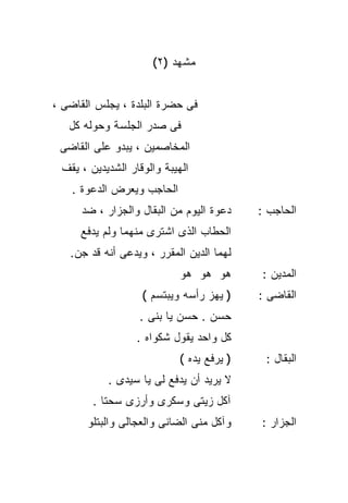 ‫ﻤﺸﻬﺩ )٢(‬


‫ﻓﻰ ﺤﻀﺭﺓ ﺍﻟﺒﻠﺩﺓ ، ﻴﺠﻠﺱ ﺍﻟﻘﺎﻀﻰ ،‬
   ‫ﻓﻰ ﺼﺩﺭ ﺍﻟﺠﻠﺴﺔ ﻭﺤﻭﻟﻪ ﻜل‬
 ‫ﺍﻟﻤﺨﺎﺼﻤﻴﻥ ، ﻴﺒﺩﻭ ﻋﻠﻰ ﺍﻟﻘﺎﻀﻰ‬
 ‫ﺍﻟﻬﻴﺒﺔ ﻭﺍﻟﻭﻗﺎﺭ ﺍﻟﺸﺩﻴﺩﻴﻥ ، ﻴﻘﻑ‬
   ‫ﺍﻟﺤﺎﺠﺏ ﻭﻴﻌﺭﺽ ﺍﻟﺩﻋﻭﺓ .‬
      ‫ﺩﻋﻭﺓ ﺍﻟﻴﻭﻡ ﻤﻥ ﺍﻟﺒﻘﺎل ﻭﺍﻟﺠﺯﺍﺭ ، ﻀﺩ‬    ‫ﺍﻟﺤﺎﺠﺏ :‬
     ‫ﺍﻟﺤﻁﺎﺏ ﺍﻟﺫﻯ ﺍﺸﺘﺭﻯ ﻤﻨﻬﻤﺎ ﻭﻟﻡ ﻴﺩﻓﻊ‬
   ‫ﻟﻬﻤﺎ ﺍﻟﺩﻴﻥ ﺍﻟﻤﻘﺭﺭ ، ﻭﻴﺩﻋﻰ ﺃﻨﻪ ﻗﺩ ﺠﻥ.‬
                            ‫ﻫﻭ ﻫﻭ ﻫﻭ‬       ‫ﺍﻟﻤﺩﻴﻥ :‬
                   ‫) ﻴﻬﺯ ﺭﺃﺴﻪ ﻭﻴﺒﺘﺴﻡ (‬     ‫ﺍﻟﻘﺎﻀﻰ :‬
                  ‫ﺤﺴﻥ . ﺤﺴﻥ ﻴﺎ ﺒﻨﻰ .‬
                  ‫ﻜل ﻭﺍﺤﺩ ﻴﻘﻭل ﺸﻜﻭﺍﻩ .‬
                            ‫) ﻴﺭﻓﻊ ﻴﺩﻩ (‬    ‫ﺍﻟﺒﻘﺎل :‬
           ‫ﻻ ﻴﺭﻴﺩ ﺃﻥ ﻴﺩﻓﻊ ﻟﻰ ﻴﺎ ﺴﻴﺩﻯ .‬
        ‫ﺁﻜل ﺯﻴﺘﻰ ﻭﺴﻜﺭﻯ ﻭﺃﺭﺯﻯ ﺴﺤﺘﺎ .‬
          ‫ﹰ‬
       ‫ﻭﺁﻜل ﻤﻨﻰ ﺍﻟﻀﺎﻨﻰ ﻭﺍﻟﻌﺠﺎﻟﻰ ﻭﺍﻟﺒﺘﻠﻭ‬    ‫ﺍﻟﺠﺯﺍﺭ :‬
 