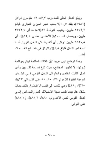 ‫ﻭﻴﺒﻠﻎ ﺍﻟﺩﺨل ﺍﻟﺤﻠﻲ ﻟﻠﻤﻐـﺭﺏ ٧,٥٨٠٥١ ﻤﻠﻴـﻭﻥ ﺩﻭﻻﺭ‬
‫)١٨٩١(، ﻴﻔﻘﺩ ٥,٠١% ﺒﺴﺒﺏ ﻋﺠﺯ ﺍﻟﻤﻴﺯﺍﻥ ﺍﻟﺘﺠﺎﺭﻱ ﺍﻟﺒﺎﻟﻎ‬
‫٢,٩٧٥١ ﻤﻠﻴﻭﻥ، ﻭﺘﻨﻬﺏ ﺍﻟﺩﻭﻟـﺔ ٢٥% ﻤﻨـﻪ ﺃﻱ ٧,٢٥٧٣‬
‫ﻤﻠﻴﻭﻥ، ﻭﻴﺤﺼل ﺍﻟــ٠٢% ﺍﻷﻏﻨـﻰ ﻋﻠـﻰ ١,٥٦%، ﺃﻱ‬
‫٨,٠٢٨٩ ﻤﻠﻴﻭﻥ ﺩﻭﻻﺭ. ﺃﻱ ﺃﻨﻪ ﻴﻔﻘﺩ ﻜل ﺍﻟﺩﺨل ﺘﻘﺭﻴﺒﺎ. ﺃﻤـﺎ‬
      ‫ﹰ‬
‫ﻨﺴﺒﺔ ﻨﻤﻭ ﺍﻟﺩﺨل ﻓﺘﺒﻠﻎ ٨,٤% ﻭﺘﺘﺭﻜﺯ ﻓﻲ ﻗﻁـﺎﻉ ﺍﻟﺨـﺩﻤﺎﺕ‬
                                                 ‫ﺃﻴﻀﺎ.‬
                                                  ‫ﹰ‬
‫ﻭﻫﺫﺍ ﺍﻟﻭﻀﻊ ﻟﻴﺱ ﻏﺭﻴﺒﺎ ﻷﻥ ﺍﻟﻔﺌﺎﺕ ﺍﻟﺤﺎﻜﻤﺔ ﺘﻬﺘﻡ ﺒﻤﺭﺍﻜﻤﺔ‬
                               ‫ﹰ‬
‫ﺜﺭﻭﺘﻬﺎ، ﻻ ﺘﻁﻭﻴﺭ ﺍﻟﻤﺠﺘﻤﻊ، ﺤﻴﺙ ﺘﺒﻠﻎ ﻨﺴـﺒﺔ ﺘﻜـﻭﻴﻥ ﺭﺃﺱ‬
‫ﺍﻟﻤﺎل ﺍﻟﺜﺎﺒﺕ ﺍﻟﺨﺎﺹ ﻭﺍﻟﻌﺎﻡ ﺇﻟﻰ ﺍﻟﺩﺨل ﺍﻟﻘﻭﻤﻲ ﻓـﻲ ﺍﻟﺒﻠـﺩﺍﻥ‬
‫ﺍﻟﻌﺭﺒﻴﺔ ﺍﻟﻔﻘﻴﺭﺓ ﻟﻸﻋﻭﺍﻡ ٩٧، ٠٨، ١٨ ﻋﻠﻰ ﺍﻟﺘـﻭﺍﻟﻲ ٣٢%،‬
‫٥٢%، ﻭ٨٢% ﻭﻫﻲ ﺘﺫﻫﺏ ﺇﻟﻰ ﻗﻀـﺎﻴﺎ ﺘﺘﻌﻠـﻕ ﺒﺎﻟﺨـﺩﻤﺎﺕ‬
‫ﺒﺸﻜل ﻋﺎﻡ ﺒﻴﻨﻤﺎ ﺒﻠﻐﺕ ﻨﺴﺒﺔ ﺍﻻﺴﺘﻬﻼﻙ ﺍﻟﻌﺎﻡ ﻭﺍﻟﺨـﺎﺹ ﺇﻟـﻰ‬
‫ﺍﻟﺩﺨل ﺍﻟﻘﻭﻤﻲ ﻟﻨﻔﺱ ﺍﻷﻋـﻭﺍﻡ، ٠٨%، ٢,٦٨%، ﻭ٧,٧٨%‬
                                           ‫ﻋﻠﻰ ﺍﻟﺘﻭﺍﻟﻲ.‬




                       ‫- ٦٩ -‬
 