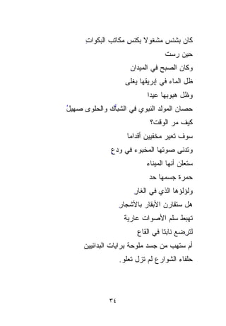 ‫ﻜﺎﻥ ﺒ ﹶﹶﻨﺱ ﻤﺸﻐﻭﻻ ﺒﻜﻨﺱ ﻤﻜﺎﺘﺏ ﺍﻟﺒﻜﻭﺍﺕ‬
      ‫ِ‬             ‫ِ‬    ‫ﹰ‬     ‫‪‬ﺸ ‪‬‬
                                    ‫ﺤﻴﻥ ﺭﺴﺕ‬
                                    ‫‪ ‬ﹾ‬
                       ‫ﻭﻜﺎﻥ ﺍﻟﺼﺒﺢ ﻓﻲ ﺍﻟﻤﻴﺩﺍﻥ‬
                       ‫ِ‬          ‫‪‬‬
                     ‫ﻅل ﺍﻟﻤﺎﺀ ﻓﻲ ﺇﺒﺭﻴﻘﻬﺎ ﻴﻐﹾﻠﻰ‬
                        ‫ﹾ‬
                             ‫ﻭﻅل ﻫﺒﻭ ‪‬ﻬﺎ ﻋﻴﺩﺍ‬
                             ‫ﹰ‬      ‫‪‬‬
                                    ‫ﺒ‬
‫ﺤﺼﺎﻥ ﺍﻟﻤﻭﻟﺩ ﺍﻟﻨﺒﻭﻱ ﻓﻲ ﺍﻟ ﹼﺒ‪‬ﻙ ﻭﺍﻟﺤﻠﻭﻯ ﺼﻬﻴل‬
‫ُ‬             ‫ﺸﺎ‬
              ‫ﹼ‪‬‬
                              ‫ﻜﻴﻑ ﻤﺭ ﺍﻟﻭﻗﺕ؟‬
                                     ‫‪‬‬
                     ‫ﺴﻭﻑ ﺘ ‪‬ﻴﺭ ﻤﺨﹾﻔﻴﻴﻥ ﺃﻗﺩﺍﻤﺎ‬
                     ‫ﹰ‬           ‫ﻌ ‪‬ﹾ‬ ‫‪‬‬
               ‫ﻭﺘﺩ‪‬ﻨﻰ ﺼﻭﺘﻬﺎ ﺍﻟﻤﺨﺒﻭﺀ ﻓﻲ ﻭﺩﻉ‬
               ‫‪ٍ ‬‬   ‫‪‬‬                ‫ﹸ‪‬‬
                             ‫ﺴﺘﻌﻠﻥ ﺃﻨﻬﺎ ﺍﻟﻤﻴﻨﺎﺀ‬
                             ‫‪‬‬
                              ‫ﺤﻤﺭﺓ ﺠﺴ‪‬ﻤﻬﺎ ﺤﺩ‬
                              ‫‪‬‬
                        ‫ﻭﻟﺅﻟﺅﻫﺎ ﺍﻟﺫﻱ ﻓﻲ ﺍﻟﻐﺎﺭ‬
                        ‫ِ‬
                   ‫ﻫل ﺴ ﹸﻘﺎﺭﻥ ﺍﻷﺒﻘﺎﺭ ﺒﺎﻷﺸﺠﺎﺭ‬
                   ‫ِ‬              ‫ﺘ ‪‬‬ ‫ﹸ‬
                    ‫ﺘﻬﺒﻁ ﺴﹼﻡ ﺍﻷﺼﻭﺍﺕ ﻋﺎﺭﻴﺔ‬
                                  ‫‪‬ﻠ‬
                                  ‫ﹼ‬
                         ‫ﻟﺘ ِﻀﻊ ﻨﺎﺒﺘﺎ ﻓﻲ ﺍﻟﻘﺎﻉ‬
                         ‫ِ‬        ‫ِ ‪ ‬ﹰ‬   ‫ﺭ‬
     ‫ﺃﻡ ﺴﺘﻬﺏ ﻤﻥ ﺠﺴﺩ ‪‬ﻠ ‪‬ﺤ ﹰ ﺒﺭﺍﻴﺎﺕ ﺍﻟﺒﺩﺍﺌ ‪‬ﻴ ‪‬‬
     ‫ﻴﻥ‬ ‫‪‬‬               ‫ﻤﻭ ﺔ‬
                           ‫‪ ‬‬         ‫‪‬‬
                   ‫ﺤﻠﹾﻔﺎﺀ ﺍﻟﺸﻭﺍﺭﻉ ﻟﻡ ﺘﺯل ﺘﻌﻠﻭ.‬
                                        ‫‪‬ﹾ ‪‬‬




              ‫٤٣‬
 