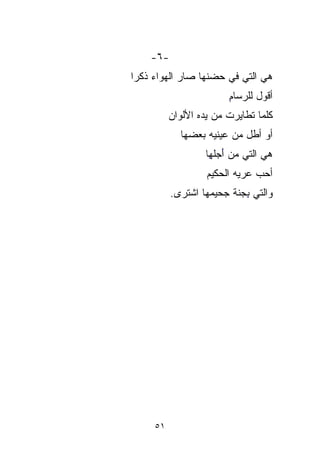 ‫-٦-‬
‫ﻫﻲ ﺍﻟﺘﻲ ﻓﻲ ﺤﻀ‪‬ﻨﻬﺎ ﺼﺎﺭ ﺍﻟﻬﻭﺍﺀ ﺫﻜﺭﺍ‬
                    ‫‪‬‬
                        ‫ﺃﻗﻭل ﻟﻠﺭﺴﺎﻡ‬
                        ‫ِ‬
          ‫ﻜﻠﻤﺎ ﺘﻁﺎﻴﺭﺕ ﻤﻥ ﻴﺩﻩ ﺍﻷﻟﻭﺍﻥ‬
          ‫‪‬‬
            ‫ﺃﻭ ﺃﻁل ﻤﻥ ﻋﻴﻨﻴﻪ ﺒﻌﻀ ‪‬ﺎ‬
             ‫‪‬‬
             ‫ﻬ‬
                  ‫ﻫﻲ ﺍﻟﺘﻲ ﻤﻥ ﺃﺠ‪‬ﻠ ِﺎ‬
                   ‫َ‪ِ‬‬
                   ‫ﻬ‬
                   ‫ﺃﺤﺏ ﻋﺭ ‪‬ﻪ ﺍﻟﺤﻜﻴﻡ‬
                   ‫‪‬‬       ‫‪   ‬ﻴ‪‬‬
          ‫ﻭﺍﻟﺘﻲ ﺒﺠ ﹼﺔ ﺠﺤﻴﻤﻬﺎ ﺍﺸﺘﺭﻯ.‬
                     ‫‪‬‬   ‫ِ ‪‬ﹼ‬
                         ‫ﻨ‬




     ‫١٥‬
 