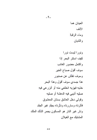 ‫-٩-‬
                                   ‫ﺍﻟﻌﻴﻨﺎﻥ ﻫﻤﺎ‬
                                         ‫ﺍﻷﻨﻑ‬
                                         ‫ﹸ‬
                                   ‫ﻭﻤﺎﺀ ﺍﻟﺭﻗﺒﺔ‬
                                   ‫ِ‬
                                       ‫ﻭﺍﻟﺜﺩﻴﺎﻥ‬
                                       ‫ِ‬


                            ‫ﻭﻨﻭﺭﺍ ﻟﻴﺴﺕ ﻨﻭﺭﺍ‬
                         ‫ﻜﻴﻑ ﺍﺴﺘ ﹶﹶﺭ ﺍﻟﺒﺤﺭ ﺇﺫﺍ‬
                         ‫ﹰ‬          ‫‪ ‬ﹶﺘ‬
                       ‫ﻭﺍﻜﺘﻤل ﺤﻀﻭﺭ ﺍﻟﻐﺎﺌﺏ‬
                       ‫ِ‬      ‫‪‬‬
                     ‫ﺴﻭﻑ ﺃﻗﻭل ﺼﺒﺎﺡ ﺍﻟﺨﻴﺭ‬
                    ‫ﻭﺴﻭﻑ ﺘﻔﺘﺵ ﻋﻥ ‪‬ﻨﺒﻭﺭ‬
                    ‫ﺼ ٍ‬ ‫‪‬‬    ‫ﹼﱠ ﹸ‬
           ‫ﻫﺫﺍ ﺠﺴﺩﻱ ﺴﻭﻑ ﺃﻗﻭل ﻭﻫﺫﺍ ﺍﻟﺒﺤﺭ‬
           ‫‪‬‬
      ‫ﹸﺫﻴﻪ ﻓﻬ ‪‬ﻴﻪ ﺍﻨﺨﻠﻌﻲ ﻤﻨﻪ ﺃﻭ ﺃﻨﺯﺭﻋﻲ ﻓﻴﻪ‬
      ‫ِ‬             ‫‪‬‬            ‫ﹸ ﹶ ‪‬ﺯ‬
                                 ‫‪‬‬       ‫ﺨ‬
             ‫ﺼِﻴﻪ ﺃﺫﻴﺒﻲ ﻓﻴﻪ ﺍﻟﺩﻫﺸﺔ ﺃﻭ ﺼﻠ ِﻪ‬
              ‫‪‬ﹶ ِ‬
              ‫ﻴ‬       ‫ﹶ‬                  ‫ِﻠ‬
                                         ‫ِ‬
          ‫ﻭﻗﻭﻟﻲ ﺩﺨل ﺍﻟﻌﺎﺸﻕ ﺒﺴ‪‬ﺘﺎﻥ ﺍﻟﻤﻌﺸﻭﻕ‬
          ‫ِ‬           ‫‪‬‬
     ‫ﻓﺂﺜﺭﻨﺎﻩ ﻭﺴﺎﺭﺭ‪‬ﻨﺎﻩ ﻭﺩ ﱠﺭ‪‬ﻨﺎﻩ ﺒﺠﻠﺩ ﻏﻴﺭ ﺍﻟﺠﻠﺩ‬
     ‫ﹾِ‬        ‫‪  ‬ﺜ ‪ ِ  ‬ﹾ ٍ‬
‫ﻭﻨﺎﺭ ﻏﻴﺭ ﺍﻟﻨﺎﺭ ﻫﻭ ﺍﻟﻤﺴ‪‬ﻜﻭﻥ ﺒﺠﻤﺭ ﺍﻟﺸﻙ ﺍﻟﻤﻠﻙ‬
‫‪‬‬     ‫ِ ‪ ِ‬ﱠ ‪‬‬     ‫‪‬‬                 ‫ٍ‬
                           ‫ﺍﻟﻤﺸﺘﺒﻙ ﻤﻊ ﺍﻟﻐﻴﻼﻥ‬
                           ‫ِ‬         ‫ﹾ‪ ‬‬
                                       ‫ِ‬


             ‫٥٥‬
 
