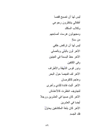 ‫ﻟﻴﺱ ﻟﻬﺎ ﺃﻥ ﹸﺼﺒﺢ ﻗﻔﺼﺎ‬
            ‫ﹰ‬       ‫ﺘ‬
                    ‫ﹸ‬
          ‫ﺃﻁﻔﺎﻟﻲ ﻴﻨﺘﻅﺭﻭﻥ ﺭﺠﻭﻋﻲ‬
                     ‫ﻭﻜﻼﺏ ﺍﻟﺴﻜ ِ‬
                     ‫‪ ‬ﹶﻙ‬
        ‫ﻭﻤﺠﻬﻭﻟﻭﻥ ﻫﺭﺴﺕ ﺃﺼﺎﺒ ‪‬ﻬﻡ‬
          ‫ﻌ‬       ‫‪ ‬ﹸ‬
                           ‫ﻤﻥ ‪‬ﻨ ٍ‬
                           ‫ﺴ ﹶﺔ‬
           ‫ﻟﻴﺱ ﻟﻬﺎ ﺃﻥ ﺘﺭﻜﺽ ﺨﻠﻔﻲ‬
         ‫ﺍﻷﺨﺭ ﱠﻭﻥ ﺒﺎﻟﺒ ﱠ ‪ ‬ﻭﺒﺎﻟﻌﺴﻠﻲ‬
                  ‫‪ ‬ﻟ ‪ ‬ﻨﻲ‬  ‫ﱠ‬
        ‫ﺍﻵﺨﺭ ﺤﻁ ﺍﻟﺒﺴﻤﺔ ﻓﻲ ﺍﻟﻌﻴﻨﻴﻥ‬
        ‫ِ‬                 ‫ﹶ‬
                       ‫ﻭﻓﻰ ﺍﻟﻜﺘﻔﻴﻥ‬
                       ‫ِ‬
      ‫ﻭﻨﻭ ‪ ‬ﻗﻭﺱ ﺍﻟ ﱠﻬﻘﺔ ﻭﺍﻷﻁﺭﺍﻑ‬
      ‫ﹶ‬       ‫ﺸ ِ‬‫ﱠ‬        ‫ﹶ ‪‬ﺭ‬
        ‫ﺍﻵﺨﺭ ﻟﻑ ﻗﻤﻴﺼﺎ ﺤﻭل ﺍﻟﺒﺤﺭ‬
        ‫ِ‬         ‫ﹰ‬        ‫‪‬‬
                  ‫ﻭﻫﺎﺠﻡ ﻜﺎﻟﻘﺭﺼﺎﻥ‬
                  ‫ِ‬        ‫‪‬‬
    ‫ﺍﻵﺨﺭ ﺃﺜ ‪‬ﺕ ﻓﺎﺌﺩﺓ ﻟﻠﺜﺩﻱ ﻭﺃﺨﺭﻯ‬
                ‫‪ ‬ﹾﺒ ﹶ ﹰ‬
        ‫ﻟﺘﺠﺎﻭﻴﻑ ﺍﻨﺘﻅﺭﺕ ﻜﺎﻷﻋﺸﺎﺵ‬
        ‫ِ‬
‫ﺍﻵﺨﺭ ﻜﺎﻥ ﺼﺒﻴﺎ ﻓﻲ ﺍﻟﻌﺸﺭﻴﻥ ﻭﺭﺠﻼ‬
‫ﹰ‬    ‫‪‬‬                   ‫‪‬‬
                 ‫ﺃﻴﻀﺎ ﻓﻲ ﺍﻟﻌﺸﺭﻴﻥ‬
                 ‫‪‬‬
   ‫ﻴ ِل‬
   ‫ﺍﻵﺨﺭ ﻜﺎﻥ ﺒﻠﻐﺔ ﺍﻟﻤﻜﺘﺸﻔﻴﻥ ‪‬ﺤﺎﻭ ُ‬
        ‫‪‬‬                    ‫‪‬‬
                         ‫ﻓﻙ ﺍﻟﺠﺴﺩ‬
                         ‫ِ‬     ‫‪‬‬


   ‫٩٥‬
 