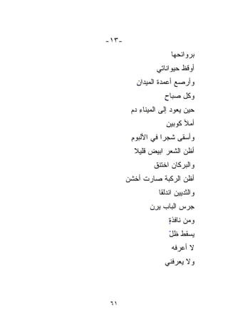 ‫-٣١-‬
                       ‫ﺒﺭﻭﺍﺌﺤﻬﺎ‬
                 ‫ﺃﻭﻗﻅ ﺤﻴﻭﺍﻨﺎﺘﻲ‬
          ‫ﻭﺃﺭ ‪‬ﻊ ﺃﻋﻤﺩﺓ ﺍﻟﻤﻴﺩﺍﻥ‬
          ‫ِ‬              ‫‪‬ﺼ‬
                         ‫‪‬‬
                    ‫ﻭﻜل ﺼﺒﺎﺡ‬
                    ‫ٍ‬
        ‫ﺤﻴﻥ ﻴﻌﻭﺩ ﺇﻟﻰ ﺍﻟﻤﻴﻨﺎﺀ ﺩﻡ‬
        ‫ِ ‪‬‬
                     ‫ﺃﻤﻸ ﻜﻭﺒﻴﻥ‬
                     ‫ِ‬
        ‫ﻭﺃﺴﻘﻰ ﺸﺠﺭﺍ ﻓﻲ ﺍﻷﻟﺒﻭﻡ‬
        ‫ِ‬         ‫ﹶ‬
         ‫ﺃﻅﻥ ﺍﻟﺸﻌﺭ ﺍﺒﻴﺽ ﻗﻠﻴﻼ‬
         ‫‪ ‬ﹰ‬       ‫‪‬‬
                ‫ﻭﺍﻟﺒﺭﻜﺎﻥ ﺍﺨﺘﻨﻕ‬
                ‫ﹶ‬
       ‫ﺃﻅﻥ ﺍﻟﺭﻜ ‪‬ﺔ ﺼﺎﺭﺕ ﺃﺨﺸ ‪‬‬
       ‫ﹾ ﹶﻥ‬       ‫ﹾﺒ ﹶ‬
                  ‫ﻭﺍﻟﺜﺩﻴﻴﻥ ﺍﻨﺩﹶﹶﻘﺎ‬
                    ‫ﹾ ‪‬ﻟ‬
              ‫ﺠﺭﺱ ﺍﻟﺒﺎﺏ ﻴﺭﻥ‬
              ‫ِ‪‬‬
                      ‫ﻭﻤﻥ ﻨﺎﻓﺫﺓ‬
                      ‫ٍ‬
                      ‫ﻴﺴﻘﻁ ﻅل‬
                      ‫ّ‬
                       ‫ﻻ ﺃﻋﺭ ﹸﻪ‬
                       ‫ﻓ‪‬‬
                    ‫ﻭﻻ ﻴﻌﺭﻓﻨﻲ‬




 ‫١٦‬
 