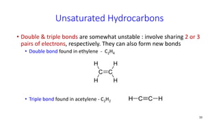 33
Unsaturated Hydrocarbons
• Double & triple bonds are somewhat unstable : involve sharing 2 or 3
pairs of electrons, respectively. They can also form new bonds
• Double bond found in ethylene - C2H4
• Triple bond found in acetylene - C2H2
C C
H
H
H
H
C C H
H
 