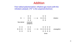 39
Addition
Free radical polymerization: ethylene gas reacts with the
initiator( catalyst) (“R.” is the unpaired electron)
C C
H H
H
H
monomer
(ethylene)
R +
free radical
R C C
H
H
H
H
initiation
R C C
H
H
H
H
C C
H H
H
H
+ R C C
H
H
H
H
C C
H H
H H
propagation
dimer
 