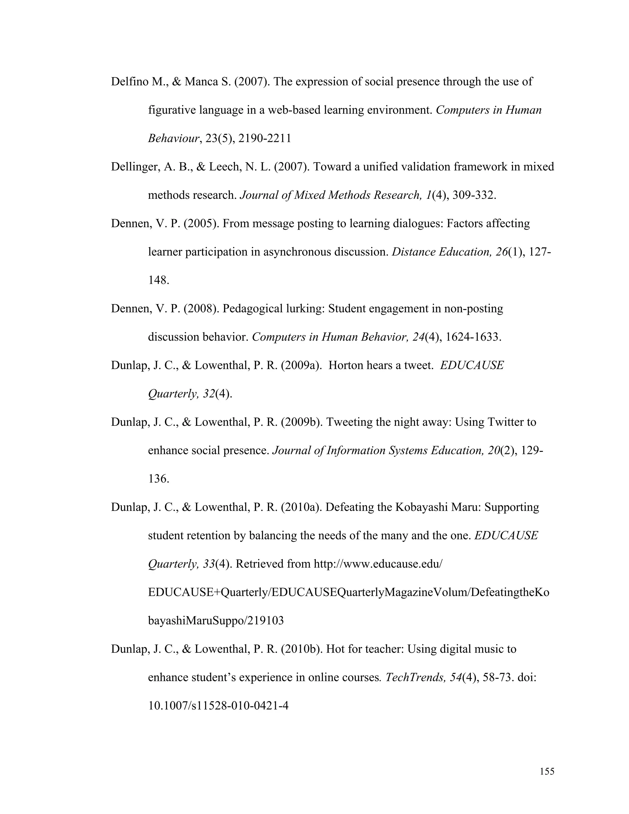 155 
Delfino M., & Manca S. (2007). The expression of social presence through the use of 
figurative language in a web-based learning environment. Computers in Human 
Behaviour, 23(5), 2190-2211 
Dellinger, A. B., & Leech, N. L. (2007). Toward a unified validation framework in mixed 
methods research. Journal of Mixed Methods Research, 1(4), 309-332. 
Dennen, V. P. (2005). From message posting to learning dialogues: Factors affecting 
learner participation in asynchronous discussion. Distance Education, 26(1), 127- 
148. 
Dennen, V. P. (2008). Pedagogical lurking: Student engagement in non-posting 
discussion behavior. Computers in Human Behavior, 24(4), 1624-1633. 
Dunlap, J. C., & Lowenthal, P. R. (2009a). Horton hears a tweet. EDUCAUSE 
Quarterly, 32(4). 
Dunlap, J. C., & Lowenthal, P. R. (2009b). Tweeting the night away: Using Twitter to 
enhance social presence. Journal of Information Systems Education, 20(2), 129- 
136. 
Dunlap, J. C., & Lowenthal, P. R. (2010a). Defeating the Kobayashi Maru: Supporting 
student retention by balancing the needs of the many and the one. EDUCAUSE 
Quarterly, 33(4). Retrieved from http://www.educause.edu/ 
EDUCAUSE+Quarterly/EDUCAUSEQuarterlyMagazineVolum/DefeatingtheKo 
bayashiMaruSuppo/219103 
Dunlap, J. C., & Lowenthal, P. R. (2010b). Hot for teacher: Using digital music to 
enhance student’s experience in online courses. TechTrends, 54(4), 58-73. doi: 
10.1007/s11528-010-0421-4 
 
