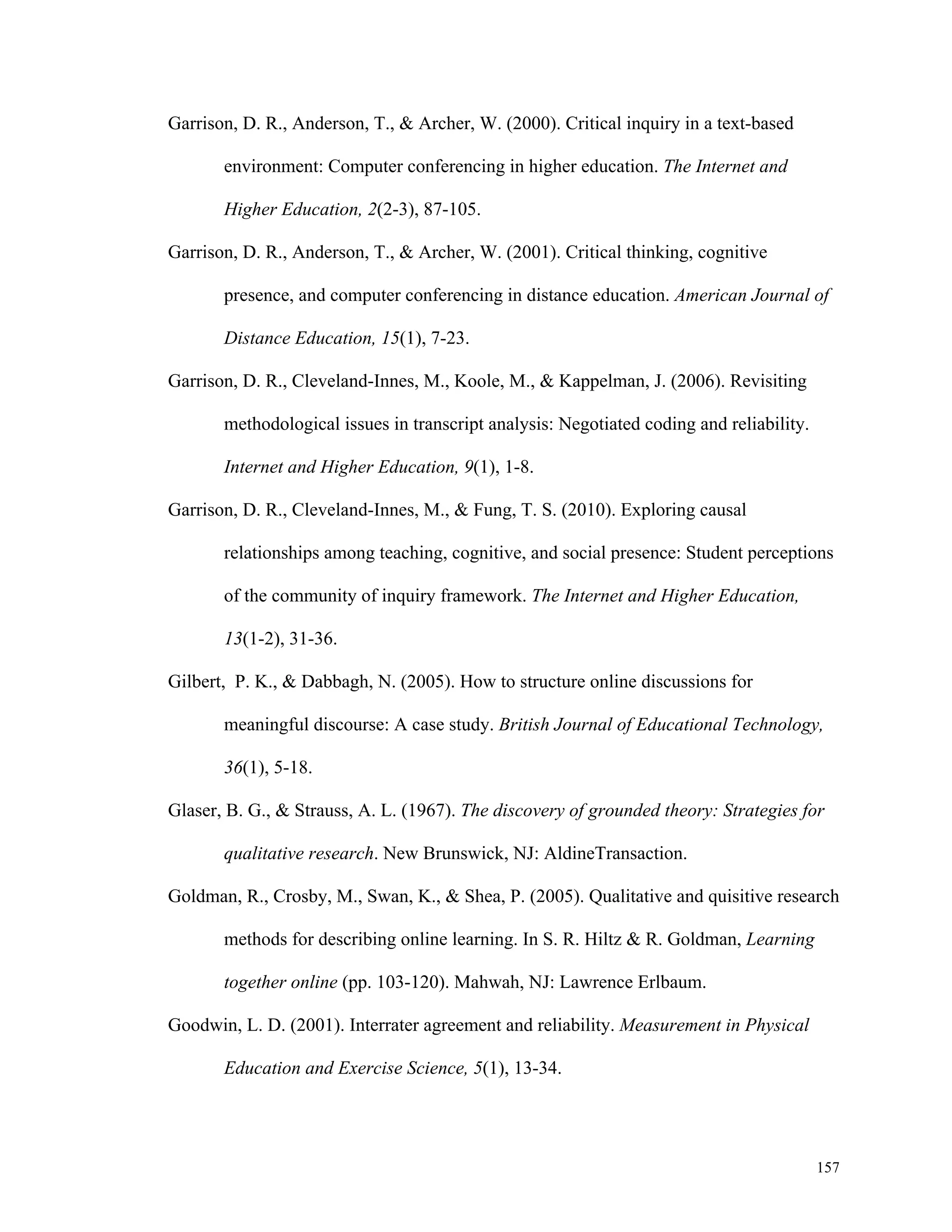 157 
Garrison, D. R., Anderson, T., & Archer, W. (2000). Critical inquiry in a text-based 
environment: Computer conferencing in higher education. The Internet and 
Higher Education, 2(2-3), 87-105. 
Garrison, D. R., Anderson, T., & Archer, W. (2001). Critical thinking, cognitive 
presence, and computer conferencing in distance education. American Journal of 
Distance Education, 15(1), 7-23. 
Garrison, D. R., Cleveland-Innes, M., Koole, M., & Kappelman, J. (2006). Revisiting 
methodological issues in transcript analysis: Negotiated coding and reliability. 
Internet and Higher Education, 9(1), 1-8. 
Garrison, D. R., Cleveland-Innes, M., & Fung, T. S. (2010). Exploring causal 
relationships among teaching, cognitive, and social presence: Student perceptions 
of the community of inquiry framework. The Internet and Higher Education, 
13(1-2), 31-36. 
Gilbert, P. K., & Dabbagh, N. (2005). How to structure online discussions for 
meaningful discourse: A case study. British Journal of Educational Technology, 
36(1), 5-18. 
Glaser, B. G., & Strauss, A. L. (1967). The discovery of grounded theory: Strategies for 
qualitative research. New Brunswick, NJ: AldineTransaction. 
Goldman, R., Crosby, M., Swan, K., & Shea, P. (2005). Qualitative and quisitive research 
methods for describing online learning. In S. R. Hiltz & R. Goldman, Learning 
together online (pp. 103-120). Mahwah, NJ: Lawrence Erlbaum. 
Goodwin, L. D. (2001). Interrater agreement and reliability. Measurement in Physical 
Education and Exercise Science, 5(1), 13-34. 
 