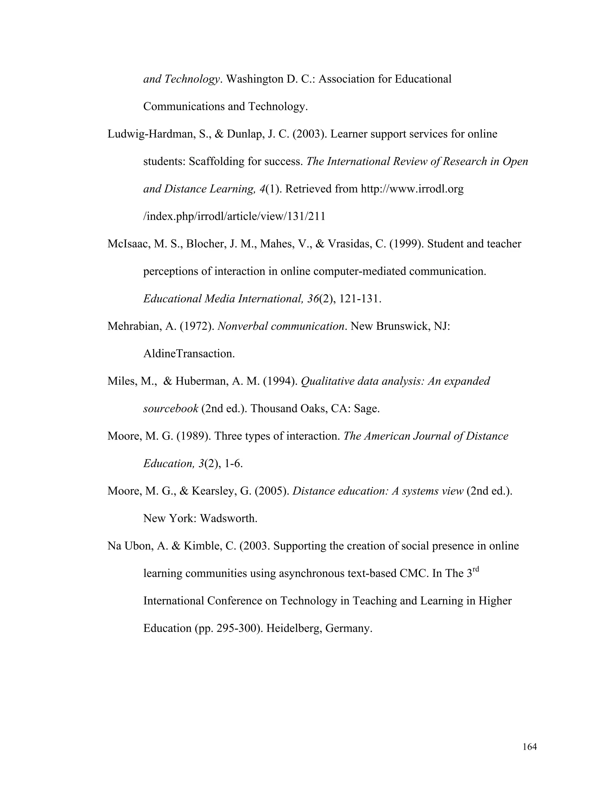 164 
and Technology. Washington D. C.: Association for Educational 
Communications and Technology. 
Ludwig-Hardman, S., & Dunlap, J. C. (2003). Learner support services for online 
students: Scaffolding for success. The International Review of Research in Open 
and Distance Learning, 4(1). Retrieved from http://www.irrodl.org 
/index.php/irrodl/article/view/131/211 
McIsaac, M. S., Blocher, J. M., Mahes, V., & Vrasidas, C. (1999). Student and teacher 
perceptions of interaction in online computer-mediated communication. 
Educational Media International, 36(2), 121-131. 
Mehrabian, A. (1972). Nonverbal communication. New Brunswick, NJ: 
AldineTransaction. 
Miles, M., & Huberman, A. M. (1994). Qualitative data analysis: An expanded 
sourcebook (2nd ed.). Thousand Oaks, CA: Sage. 
Moore, M. G. (1989). Three types of interaction. The American Journal of Distance 
Education, 3(2), 1-6. 
Moore, M. G., & Kearsley, G. (2005). Distance education: A systems view (2nd ed.). 
New York: Wadsworth. 
Na Ubon, A. & Kimble, C. (2003. Supporting the creation of social presence in online 
learning communities using asynchronous text-based CMC. In The 3rd 
International Conference on Technology in Teaching and Learning in Higher 
Education (pp. 295-300). Heidelberg, Germany. 
 