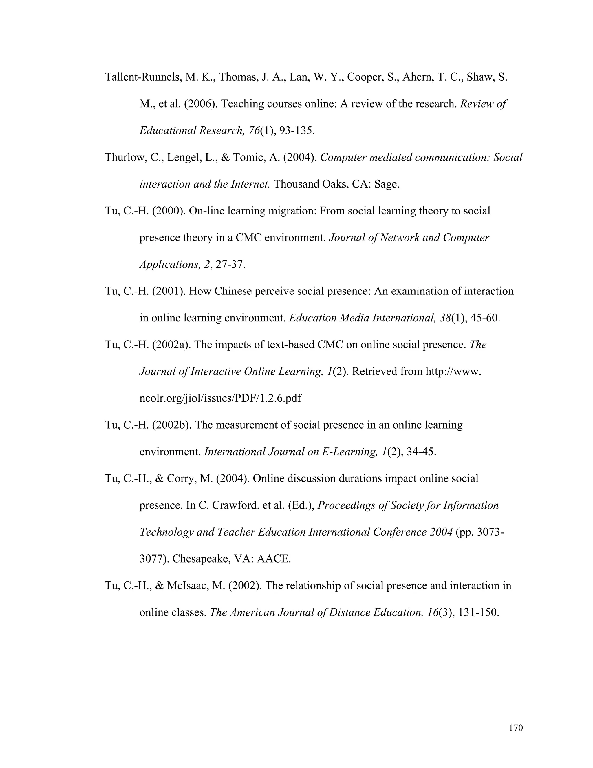 170 
Tallent-Runnels, M. K., Thomas, J. A., Lan, W. Y., Cooper, S., Ahern, T. C., Shaw, S. 
M., et al. (2006). Teaching courses online: A review of the research. Review of 
Educational Research, 76(1), 93-135. 
Thurlow, C., Lengel, L., & Tomic, A. (2004). Computer mediated communication: Social 
interaction and the Internet. Thousand Oaks, CA: Sage. 
Tu, C.-H. (2000). On-line learning migration: From social learning theory to social 
presence theory in a CMC environment. Journal of Network and Computer 
Applications, 2, 27-37. 
Tu, C.-H. (2001). How Chinese perceive social presence: An examination of interaction 
in online learning environment. Education Media International, 38(1), 45-60. 
Tu, C.-H. (2002a). The impacts of text-based CMC on online social presence. The 
Journal of Interactive Online Learning, 1(2). Retrieved from http://www. 
ncolr.org/jiol/issues/PDF/1.2.6.pdf 
Tu, C.-H. (2002b). The measurement of social presence in an online learning 
environment. International Journal on E-Learning, 1(2), 34-45. 
Tu, C.-H., & Corry, M. (2004). Online discussion durations impact online social 
presence. In C. Crawford. et al. (Ed.), Proceedings of Society for Information 
Technology and Teacher Education International Conference 2004 (pp. 3073- 
3077). Chesapeake, VA: AACE. 
Tu, C.-H., & McIsaac, M. (2002). The relationship of social presence and interaction in 
online classes. The American Journal of Distance Education, 16(3), 131-150. 
 