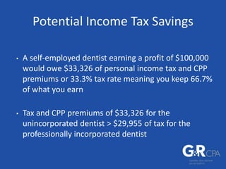 Potential Income Tax Savings
• A self-employed dentist earning a profit of $100,000
would owe $33,326 of personal income tax and CPP
premiums or 33.3% tax rate meaning you keep 66.7%
of what you earn
• Tax and CPP premiums of $33,326 for the
unincorporated dentist > $29,955 of tax for the
professionally incorporated dentist
 