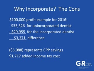 Why Incorporate? The Cons
$100,000 profit example for 2016:
$33,326 for unincorporated dentist
- $29,955 for the incorporated dentist
$3,371 difference
($5,088) represents CPP savings
$1,717 added income tax cost
 