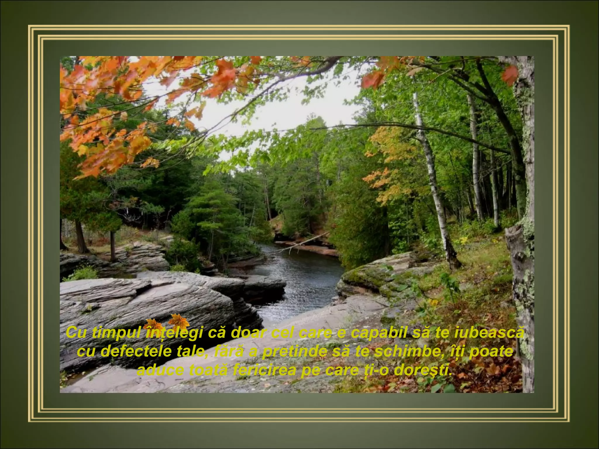 Cu timpul înţelegi că doar cel care e capabil să te iubească cu defectele tale, fără a pretinde să te schimbe, îţi poate aduce toată fericirea pe care ţi-o doreşti. 