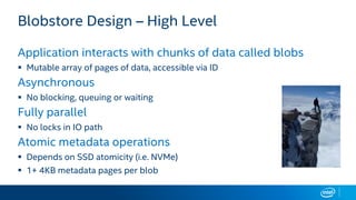 Blobstore Design – High Level
Application interacts with chunks of data called blobs
 Mutable array of pages of data, accessible via ID
Asynchronous
 No blocking, queuing or waiting
Fully parallel
 No locks in IO path
Atomic metadata operations
 Depends on SSD atomicity (i.e. NVMe)
 1+ 4KB metadata pages per blob
 