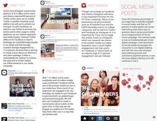 20
FACEBOOK
With 1.31 billion active users
worldwide and 6.8 million mobile
users worldwide, Facebook will be
one of the primary media we use in
our media buy. Since much of our
segments are engaged in the site
everyday, we intend to use Facebook
to promote both our philanthropic
and promotional goals. We will
also use Facebook to create a
conversation about events at the
given time. In this way, we can
engage our audience in the media
they most often use in a way they
are familiar with.
TWITTER
As the second largest social media
platform at 6.5 million active users
and where a reported 80 percent of
Twitter active users are on mobile,
Twitter is another essential social
platform we will use to achieve our
end goal. As with Facebook, we
intend to use Twitter to promote the
events and to drive usage to online
platforms via our creative approach
and media buying. However, Twitter
differs from Facebook in that it’s
hashtags are overwhelmingly popular
in our target and that hastags
increase average engagement by
12.6 percent, we know that in striving
to create a buzz about our #ItsYours
and other hashtags, Twitter is
undoubtedly the medium to achieve
this goal and to further bolster
our online presence in our media
campaign
INSTAGRAM
Though not as large as Facebook
and Twitter, Instagram will serve
a very important function for the
It’s Yours campaign. Many of our
promotions are picture-based,
such as #TracktheTruck and the
ESPN Gameday events on college
campuses, and as tied into Twitter
and Facebook as Instagram is, it is
important for Pizza Hut to target
this media. Posts on Instagram,
which our research has shown
to be another media our target
frequents, have a much higher
engagement rate than posts
on Facebook or Twitter both, at
an industry high 4.21 percent
engagement rate per follower.
SOCIAL MEDIA
POSTS
Given the immense percentage of
our target that is actively engaged
in social media, and that as 74
percent of online adults use social
networking sites, there was no
question about using social media
as an integral portion of the Its
Yours campaign. This earned media
is now an fundamental part of any
digital campaign. Each promotion
on social media encourages the
consumer to use digital ordering,
and with the new user interface,
easy ordering process and
convenient payment options, a user
who tries digital ordering once will
continue to use it.
SOCIAL MEDIA ACTIVITY
 