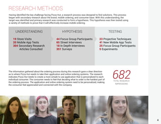 4
RESEARCH METHODS
Having identified the key challenge facing Pizza Hut, a research process was designed to find solutions. This process
began with secondary research about the brand, mobile ordering, and consumer base. With this understanding, the
target was identified and primary research was conducted to form a hypothesis. This hypothesis was then tested using
a variety of methods to prove that it will effectively increase mobile ordering.
The information gathered about the ordering process during this research gave a clear direction
as to where Pizza Hut needs to take their application and online ordering systems. The research
indicates Pizza Hut needs to create a more simple to use application that is personalized to each
individual consumer. The consumer needs to feel that deciding what to order is the hardest part of
the ordering process. The application and online ordering system need to be personalized, making
the consumer feel appreciated and connected with the company.
682TOTAL RESEARCH
IMPRESSIONS
 