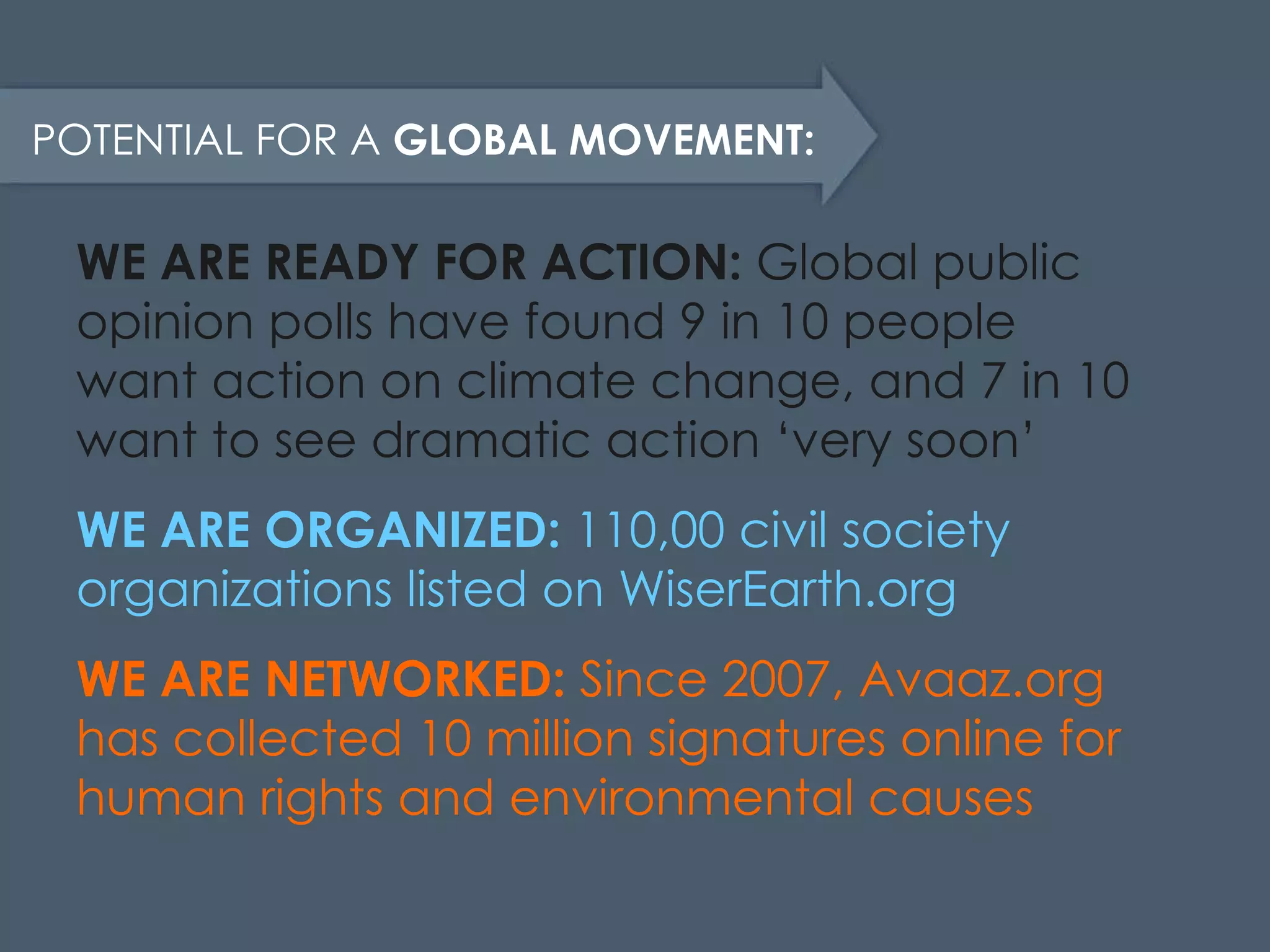 POTENTIAL FOR A  GLOBAL MOVEMENT: WE ARE READY FOR ACTION:  Global public opinion polls have found 9 in 10 people want action on climate change, and 7 in 10 want to see dramatic action ‘very soon’ WE ARE ORGANIZED:  110,00 civil society organizations listed on WiserEarth.org WE ARE NETWORKED:  Since 2007, Avaaz.org has collected 10 million signatures online for human rights and environmental causes 