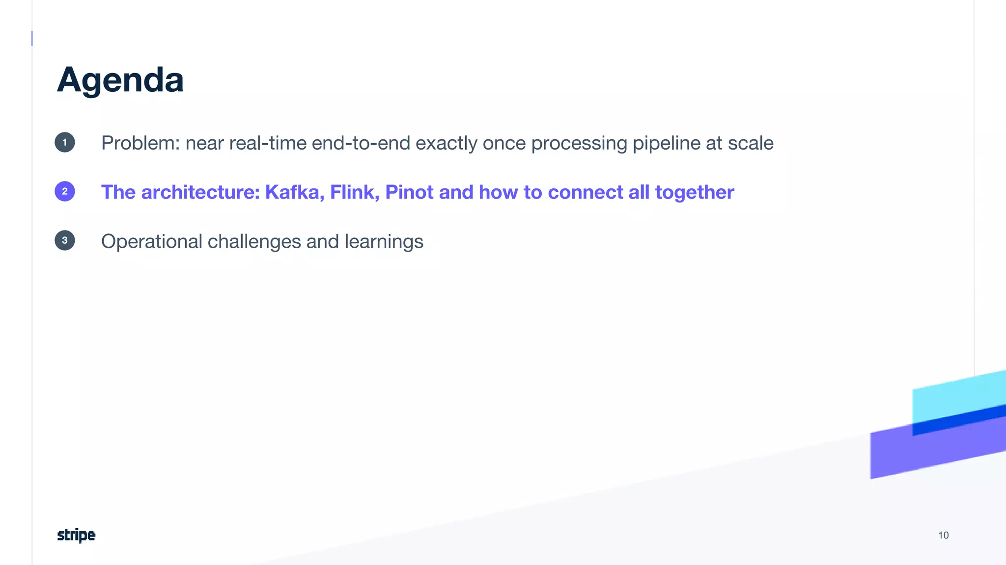 Agenda
Problem: near real-time end-to-end exactly once processing pipeline at scale
The architecture: Kafka, Flink, Pinot and how to connect all together
Operational challenges and learnings
10
1
2
3
 