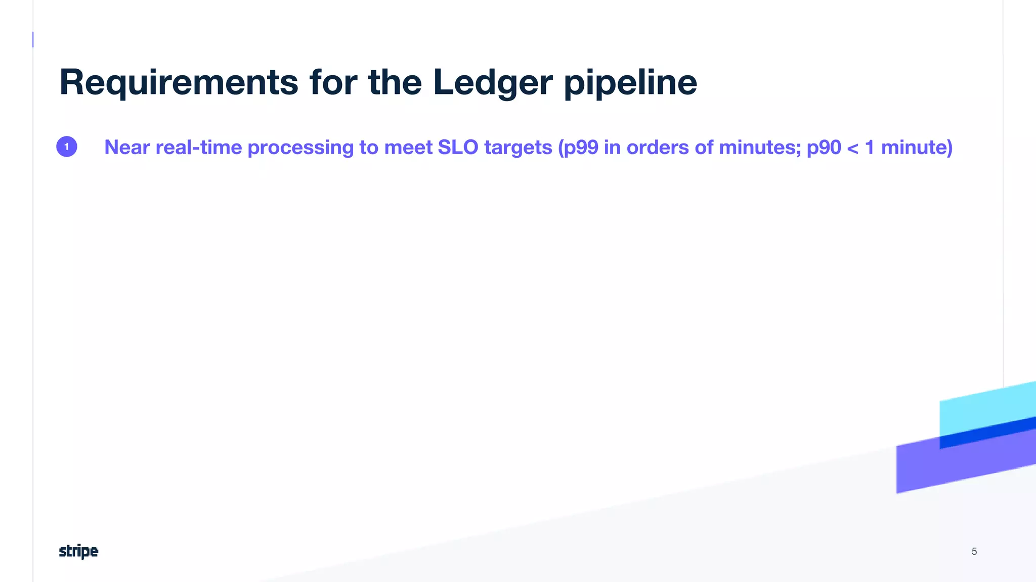 Requirements for the Ledger pipeline
Near real-time processing to meet SLO targets (p99 in orders of minutes; p90 < 1 minute)
5
1
 