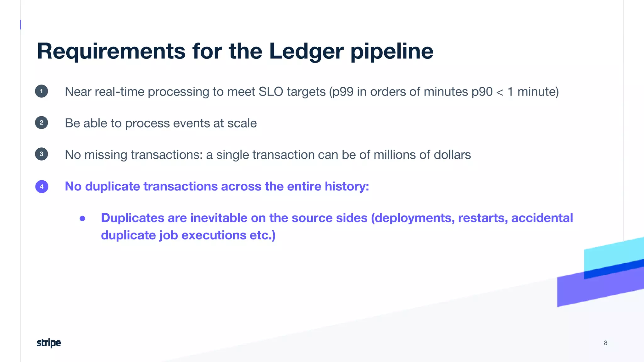 Requirements for the Ledger pipeline
Near real-time processing to meet SLO targets (p99 in orders of minutes p90 < 1 minute)
Be able to process events at scale
No missing transactions: a single transaction can be of millions of dollars
No duplicate transactions across the entire history:
● Duplicates are inevitable on the source sides (deployments, restarts, accidental
duplicate job executions etc.)
8
1
2
3
4
 