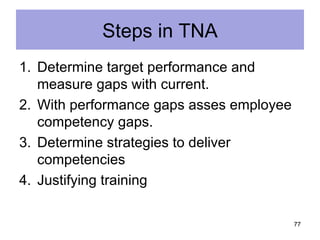 Steps in TNA
1. Determine target performance and
   measure gaps with current.
2. With performance gaps asses employee
   competency gaps.
3. Determine strategies to deliver
   competencies
4. Justifying training

                                          77
 