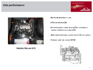 Modelo Nissan K25 Motor refrigerado a ar F ácil manutenção Desenvolvido para aplicações severas e longo período de utilização Alta produtividade, baixa emissão de gases Torque alto em baixa RPM Alta performance 