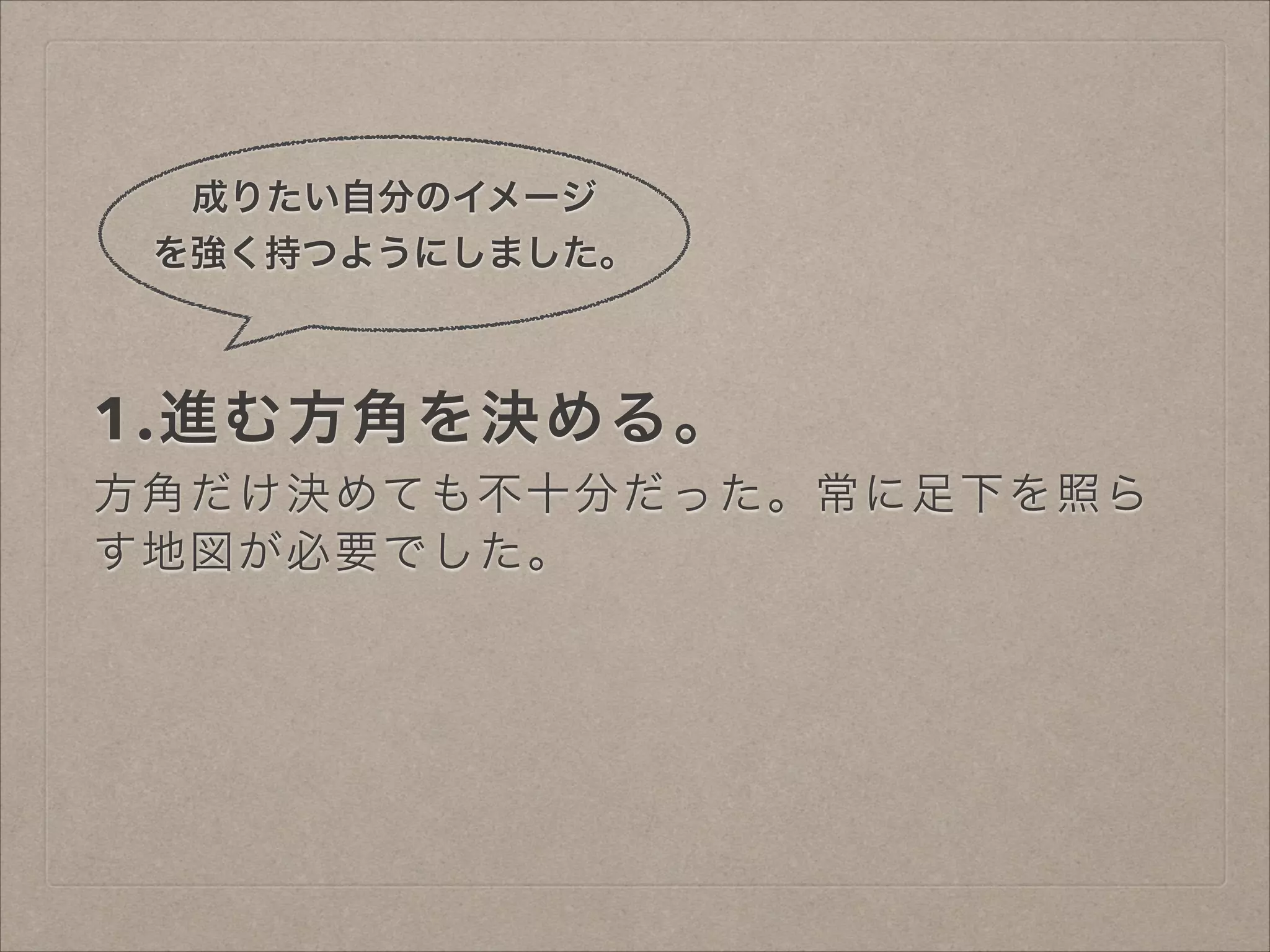 成りたい自分のイメージ
を強く持つようにしました。

1.進む方角を決める。
方角だけ決めても不十分だった。常に足下を照ら
す地図が必要でした。

 