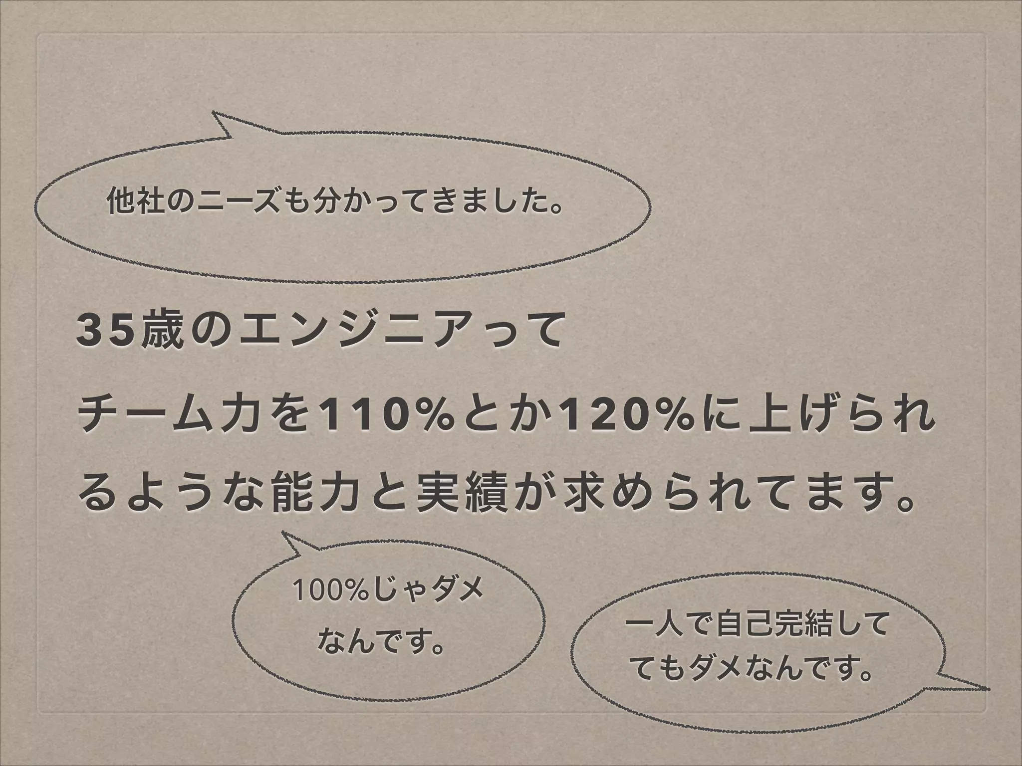 他社のニーズも分かってきました。

35歳のエンジニアって
チーム力を110%とか120%に上げられ
るような能力と実績が求められてます。
100%じゃダメ
なんです。

一人で自己完結して
てもダメなんです。

 