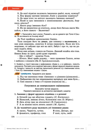 ф
3. До якої відміни належать іменники граблі, вила, ножиці?
4. Яку форму матиме іменник Львів у родовому відмінку?
5. До назв істот чи неістот належить іменник натовпі
6. Який із цих іменників є незмінюваним: фантазія, дзер­
кало, ательє1
7. Якого роду іменник більї
8. Як ви звернетеся до вчителя, якщо його батька звати Ми­
хайло, а його самого - Валентин?
3 2 8 І. Прочитайте текст уголос. Розкажіть, що ви думаєте про Толю й Саш­
ка. Як ви вчините на їхньому місці?
До Толі прийшов однокласник Сашко.
Толя посадив його на диван, дав книжку з малюнками, а
сам узяв морозиво, ложечку й почав смакувати. Коли він їсть
морозиво, то забуває про все на світі. Забув і про те, що на ди­
вані сидить гість.
Коли вже доїдав, глянув на Сашка. Дивний якийсь він став.
Немов йому за щось дуже-дуже соромно.
- Що з тобою? - запитав Толя.
- Нічого. Мені треба додому, - тихо промовив Сашко, встав
і вийшов з кімнати (За В. Сухомлинським).
II. Знайдіть у тексті іменники з орфограмою «Букви е, и в суфіксах», поясніть
написання. Поставте усно виділені іменники у формі орудного відмінка однини.
III. Складіть і запишіть за змістом прочитаного речення: а) з іменниками гість
і Толя-, б) з іменниками книжка і Сашко.
3 2 9 САМООЦІНКА. Продовжте усно фрази.
1. Під час вивчення теми «Іменник» я дізнався (дізналася)...
2. Найважчим під час опрацювання матеріалу для мене було...
3. Свої знання з теми я б оцінив (оцінила) на...
Г о ту єм о ся до кон тр ол ьн ого о ц ін ю ван н я
Виконайте тестові завдання.
Перевірте виконання за допомогою відповідей у додатку
1. Іменник у формі орудного відмінка є в реченні
А Осінній сад ще яблучка глядить ( Л. Костенко).
Б Намалюй, зимова нічко, білосніжні сни (3. Мороз).
В Десь вітер грає на віолончелі ( В. Симоненко).
Г А за вікном сніги летять лапаті (М . Луків).
2. До чоловічого роду належать усі іменники рядка
А насип, Чернігів, сутінь В кіно, Дніпро, зал
Б фламінго, професор, степ Г поні, путь, змій
124 ................................................................................................................................................
Ф
ФZabolotnyj_UM ukr_P_6ukr_(105-13)_V.indd 124 28.05.2014 12:50:55
 
