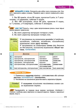 ф
Числівник
4 5 5 ПОПРАЦЮЙТЕ В ПАРАХ. Розподіліть між собою групи сполучень слів. Спи­
шіть, замінюючи цифри словами. Перевірте один в одного правильність вико­
нання.
1. Без 90 грамів, після ЗО годин, протягом 6 днів, із 7 депу­
татами, у 8 державах, побачив 5 тигрів.
2. Без 100 кілограмів, після ЗО днів, протягом 6 годин,
із 7 учнями, у 8 квартирах, побачив 5 леопардів.
(V ,
4 5 6 ЧОМУ ТАКІ Поясніть, чому з двох запропонованих речень лише перше
можна вважати правильним.
1. На святі директор нагородив чотирьох учнів.
2. На святі директор нагородив чотири учні.
Десятки, У числівниках на позначення десятків ( п’ятдесят,
сотні шістдесят, сімдесят, вісімдесят, кількадесят)
відмінюємо лише другу частину.
У числівниках на позначення сотень (від двохсот
до дев’ятисот, кількасот) відмінюємо обидві час­
тини. ПОРІВНЯЙМО:
Ф Десятки Сотні
н. шістдесят шістсот двісті
р. шістдесяти, шістдесятьох шестисот двохсот
д. шістдесяти, шістдесятьом шестистам двомстам
Зн. шістдесят, шістдесятьох шістсот двісті
Ор. шістдесятьма, шістдесятьома шістьмастами,
шістьомастами
двомастами
м. (на) шістдесяти, шістдесятьох (на) шестистах (на) двохстах
Ф
ЗВЕРНІТЬ УВАГУ!
1. Правильно в орудному відмінку - шістьмастами або шістьо­
мастами. НЕПРАВИЛЬНО - шестистами.
2. Числівники на позначення десятків мають паралельні форми.
Складені У складених кількісних числівниках кожне сло­
во відмінюємо окремо.
4 5 7 Провідміняйте за поданим вище зразком числівники п ’ятдесят і
п ’ятсот, особливу увагу звертаючи на орудний відмінок. Наведіть паралельні
форми, якщо є.
173
ФZabolotnyj_UM ukr_P_6ukr_(105-13)_V.indd 173 28.05.2014 12:51:12
 