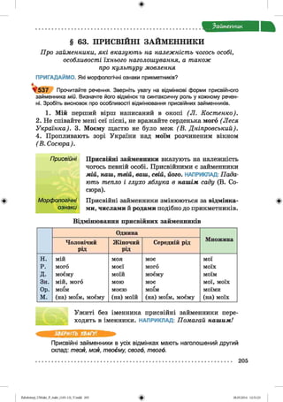 Займенник
§ 63. ПРИСВІЙНІ ЗАЙМЕННИКИ
Про займенники, які вказують на належність чогось особі,
особливості їхнього наголошування, а також
про культуру мовлення
ПРИГАДАЙМО. Які морфологічні ознаки прикметників?
> 5 3 7 Прочитайте речення. Зверніть увагу на відмінкові форми присвійного
займенника мій. Визначте його відмінок та синтаксичну роль у кожному речен­
ні. Зробіть висновок про особливості відмінювання присвійних займенників.
1. Мій перший вірш написаний в окопі (Л . Костенко).
2. Не співайте мені сеї пісні, не вражайте серденька мого (Леся
Українка). 3. Моєму щастю не було меж (В . Дніпровський).
4. Пропливають зорі України над моїм розчиненим вікном
(В . Сосюра).
Присвійні займенники вказують на належність
чогось певній особі. Присвійними є займенники
мій, наш, твій, ваш, свій, його. НАПРИКЛАД: Пада­
ють тепло і глухо яблука в нашім, саду (В. Со­
сюра).
Присвійні займенники змінюються за відмінка­
ми, числами й родами подібно до прикметників.
Відмінювання присвійних займенників
Однина
Множина
Чоловічий
рід
Жіночий
рід
Середній рід
н.
р.
д.
Зн.
Ор.
м.
мій
мого
моєму
мій, мого
моїм
(на) моїм, моєму
моя
моєї
моїй
мою
моєю
(на) моїй
моє
мого
моєму
моє
моїм
(на) моїм, моєму
мої
моїх
моїм
мої, моїх
моїми
(на) моїх
Ужиті без іменника присвійні займенники пере­
ходять в іменники. НАПРИКЛАД: Помагай нашим!
ЗВЕРНІТЬ УВАГУ!
Присвійні займенники в усіх відмінках мають наголошений другий
склад: твоя, моя, твоєму, свого, твого.
205
Zabolotnyj_UM ukr_P_6ukr_(105-13)_V.indd 205 28.05.2014 12:51:23
 