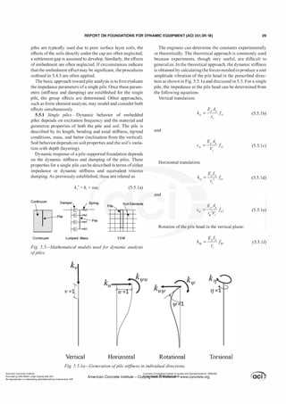 REPORT ON FOUNDATIONS FOR DYNAMIC EQUIPMENT (ACI 351.3R-18) 29
piles are typically used due to poor surface layer soils, the
effects ofthe soils directly under the cap are often neglected;
a settlementgap is assumed to develop. Similarly, the effects
of embedment are often neglected. Ifcircumstances indicate
that the embedment effect may be significant, the procedures
outlined in 5.4.3 are often applied.
The basic approach toward pile analysis is to first evaluate
the impedance parameters ofa single pile. Once these param­
eters (stiffness and damping) are established for the single
pile, the group effects are determined. Other approaches,
such as finite element analysis, may model and consider both
effects simultaneously.
5.5.1 Single piles-Dynamic behavior of embedded
piles depends on excitation frequency and the material and
geometric properties of both the pile and soil. The pile is
described by its length, bending and axial stiffness, tip/end
conditions, mass, and batter (inclination from the vertical).
Soil behavior depends on soil properties and the soil's varia­
tion with depth (layering).
Dynamic response ofa pile-supported foundation depends
on the dynamic stiffness and damping of the piles. These
properties for a single pile can be described in terms ofeither
impedance or dynamic stiffness and equivalent viscous
damping. As previously established, these are related as
k/ = k; + iWC; (5.5 . l a)
Continuum Lumped Mass FEM
Fig. 5.5-Mathematical models usedf
or dynamic analysis
ofpiles.
kvl
v=I
Vertical Horizontal
The engineer can determine the constants experimentally
or theoretically. The theoretical approach is commonly used
because experiments, though very useful, are difficult to
generalize. In the theoretical approach, the dynamic stiffness
is obtained by calculatingthe forces neededto produce a unit
amplitude vibration of the pile head in the prescribed direc­
tion as shown in Fig. 5.5 . l a and discussed in 5.3. For a single
pile, the impedance at the pile head can be determined from
the following equations
Vertical translation:
and
Horizontal translation:
and
E A
c = ___1!__1'_ .(
'
U
r
2
V Juz
0 s
Rotation ofthe pile head in the vertical plane:
Rotational Torsional
(5.5.lb)
(5.5. l c)
(5.5.ld)
(5.5.
(5.5 . l f)
Fig. 5.5.1a-Generation ofpile stiff
ness in individual directions.
American Concrete Institute
Provided by IHS Markit under license with ACI
No reproduction or networking permitted without license from IHS
Licensee=Chongqing Institute of quality and Standardizationb 5990390
American Concrete Institute- Copytri!!lflt�.@11Wlfe¥i11�3!l www.concrete.org
 