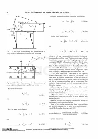 32 REPORT ON FOUNDATIONS FOR DYNAMIC EQUIPMENT (ACI 351.3R-18)
�r-----���----��
---��--T
Y, v
Fig. 5.5.2. 1a-Pile displacements f
or determination of
group stiff
ness and damping related to unit rotation If·
®
z •
I
Q ®
Fig. 5.5.2. 1b-Pile displacements f
or determination of
group stiff
ness and damping related to unit torsion '7·
Horizontal translation:
and
N
cgu = I cll
j
j=l
Rocking about vertical plane:
and
N
2
k = L, (k . + k . x. )
gljf j=l ljf
j V
J )
(5.5.2. l c)
(5.5.2. l d)
(5.5.2. l e)
(5.5.2. l f)
Coupling between horizontal translation and rotation:
and
N
cgujl = cgjlu = L ctnW
j=l
Torsion about vertical axis:
and
N
cg� = I [c,!i + c,1(xJ + zJ)]
j=l
(5.5.2. l g)
(5.5.2. lh)
(5.5.2. l i)
(5.5.2. lj)
where the pile cap is assumed infinitely rigid. The summa­
tions extend over all the piles. The distancesxiand zi refer to
the distances from the centroid ofthe pile group to the indi­
vidual pile. Ifthe CG is located directly above the pile group
centroid, these distances are as indicated in Fig. 5.5.2. l a and
5.5.2. lb. The vertical eccentricity Yc should be addressed as
presented in 5.6. These stiffness and damping terms, or their
impedance equivalents, represent values comparable to the
terms developed for a soil-supported foundation in 5.4.
5.5.2.2 Pile interaction considered-When spacing
between piles is less than 20 diameters, they interact with
each other because the displacement of one pile contrib­
utes to the displacements of others. Studies of these effects
call for the consideration of the soil as a continuum. The
studies of the dynamic pile-soil-pile interaction provide the
following findings:
a) Dynamic group effects are profound and differ consid­
erably from static group effects.
b) Dynamic group effect is more pronounced as the
number ofpiles increases.
c) Dynamic stiffness and damping of piles groups vary
with frequency, and these variations are more dramatic than
with single piles.
d) Group stiffness and damping can be either reduced or
increased by pile-soil-pile interaction.
These effects can be demonstrated if the group stiffness
and damping are described in terms of the group efficiency
ratio (GE) defined as (Gazetas et a!. 1993)
ffi
. dynamic group impedance
group e tctency = . .
stattc group stiffness
Vertical translation:
Licensee=Chongqing Institute of quality and Standardizationb 5990390
(5.5.2.2a)
(5.5.2.2b)
American Concrete Institute- Copyright� @>fMate'l'laf6L21W�oncrete.org
 