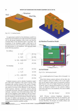 44 REPORT ON FOUNDATIONS FOR DYNAMIC EQUIPMENT (ACI 351.3R-18)
Stlucture
Fig. 6.3. 1-Combined model.
An approximate method for this distribution would be to
assume the mat foundation to be rigid and divide the lumped
soil (or pile group) impedance value evenly such that the
combined effect of the individual nodes is equivalent. The
assumption of mat foundation rigidity would need to be
confirmed; however, this assumption is typically inherent in
the determination of soil impedance. This approach results
in the following equations.
For stiffness:
kv = KjN (6.3.2a)
k" = KjN (6.3.2b)
(6.3.2c)
kc = KjN (6.3.2d)
For damping:
Cv = CjN (6.3.2e)
c" = CjN (6.3.2f)
(6.3.2g)
Cc = CjN (6.3.2h)
Computer programs used to calculate foundation imped­
ance often report impedance at the center of gravity of the
foundation plus machine (instead of the center of founda­
tion resistance) unless the data input dictates otherwise. The
user needs to be aware of this difference. In the aforemen­
tioned equations, subscript v represents vertical, subscript
u represents horizontal, subscript jl represents rocking, and
subscript c represents cross horizontal-rocking values. The
sign of cross impedance values depends on the axis orienta­
tion and can be different between the software used to calcu­
late the impedance and the finite element software. Because
the input of stiffness and damping into a finite element
model can be different from the positive global axes, values
and orientation should be carefully verified.
(a) Machine/Foundation Model
Footing N damped elements
�
Layer 1
Layer 2
,Halfspace
"'
E
"'
E
�
"'
!
;, at:,' '
E
"'
"
�
/
Fix boundary conditions
(b) Soil Model
Fig. 6.3.2a-Substructured model.
;, at:,'
�·
T
For a sample application of usage, refer to Example 1 in
6.7. 1 .
Some finite element analysis software will not allow the
input of negative values for stiffness. Soil or pile imped­
ance can be negative under certain circumstances (uniform
high Poisson's ratio soil at higher frequencies, pile groups
at specific values of spacing and frequency). For such situ­
ations, an alternative method is to use a positive stiffness
value and to add mass to the foundation. The value ofadded
mass is given by
(6.3.2i)
6.3.3 Vibration isolation-Impedance characteris-
tics are typically determined from the soil properties, and
for tabletop foundations, from the soil properties and the
structure flexibility. The designer can modify stiffness and
. . Licensee=Chongqing Institute of quality and Standardizationb 5990390
Amencan Concrete Institute- Copyright� @>fMate'l'laf6L21W�oncrete.org
 