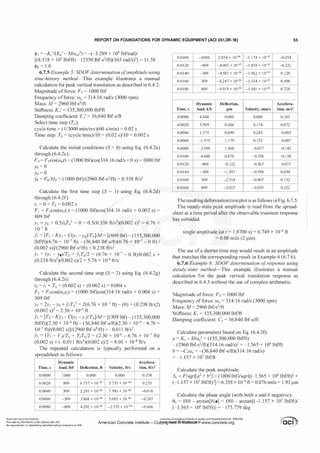 REPORT ON FOUNDATIONS FOR DYNAMIC EQUIPMENT (ACI 351.3R-18) 55
cp1 = -Kc'I(K11' - Mw,}) = -(-3.289 x 1 08 lbf/rad)/
[(8.5 18 x 107 lbf/ft) - (5350 lbf-s2/ft)(103 rad/s?J = 1 1 .58
<P
2
= 1 .0
6.7.5 Example 5: SDOF determination ofamplitude using
time-history method-This example illustrates a manual
calculation for peak vertical translation as described in 6.4.2.
Magnitude of force: Fv = 1000 lbf
Frequency afforce: W0 = 3 14. 16 rad/s (3000 rpm)
Mass: M= 2960 lbf-s2/ft
Stiffness: Kv' = 135,300,000 lbf/ft
Damping coefficient: Cv' = 36,840 lbf-s/ft
Select time step (Tt.):
cycle time = (l/3000 min/rev)(60 s/min) = 0.02 s
Time step: Tt. = (cycle time)/10 = (0.02 s)/10 = 0.002 s
Calculate the initial conditions (S = 0) using Eq. (6.4.2a)
through (6.4.2c):
F0 = Fveos(W0t) = (1000 lbf)cos(3 14. 16 rad/s x 0 s) = 1000 lbf
Yo = 0
Yo = 0
ji0 = F01Mv = (1000 lbf)/(2960 lbf-s2/ft) = 0.338 ft/s2
Calculate the first time step (S = 1) using Eq. (6.4.2d)
through (6.4.2f):
t1 = 0 + Tt. = 0.002 s
F1 = Fveos(w0t1) = (1000 lbf)cos(3 14. 16 rad/s x 0.002 s) =
809 lbf
y1 = y0 + 0.5ji0Tt.2 = 0 + 0.5(0.338 ft/s2)(0.002 s? = 6.76 x
1 0-7 ft
ji1 = [F1 -Ky1 - C(y1 -y0)1Tt.]IM= [(809 lbf) - (135,300,000
lbf/ft)(6.76 x 1 0-7 ft) - (36,840 lbf-s/ft)(6.76 x 10-7 - 0 ft) I
(0.002 s)]/(2960 lbf-s2/ft) = 0.238 ft/s2
Y1 = (y1 - Yo)ITt. + YI Tt./2 = (6.76 x 1 0·7 - 0 ft)/0.002 s +
(0.238 ft/s2)(0.002 s)/2 = 5.76 x 10·4 ft/s
Calculate the second time step (S = 2) using Eq. (6.4.2g)
through (6.4.2i):
t2 = t1 + Tt. = (0.002 s) + (0.002 s) = 0.004 s
F2 = Fveos(w0t
2
) = (1000 lbf)cos(3 14. 1 6 rad/s x 0.004 s) =
309 lbf
y2 = 2y1 -y0 + ji1Tt.2 = 2(6.76 x 10-7 ft) - (0) + (0.238 ft/s2)
(0.002 s)2 = 2.30 x 10-6 ft
ji2
= [F
2
-Ky2
- C(y2
-y1)1Tt.]IM= [(309 lbf) - (135,300,000
lbf/ft)(2.30 x 1 o-6 ft) - (36,840 lbf-s/ft)(2.30 x 1 o-6 - 6.76 x
l 0-7 ft)/(0.002 s)]/(2960 lbf-s2/ft) = -0.0 1 1 ft/s2
Y2 = (Y2
- Yl)!Tt,. + Y2Tt.l2 = (2.30 X 10-6 - 6.76 X 1 0-7 ft)/
(0.002 s) + (-0.0 1 1 ft/s2)(0.002 s)/2 = 8.01 x 10-4 ft/s
The repeated calculation is typically performed on a
spreadsheet as follows·
Dynamic Accelera-
Time, s load, lbf Deflection, ft Velocity, ft/s tion, ft/s2
0.0000 1 000 0.000 0.000 0.338
0.0020 809 6.757 X J0-{)7 5.73J X J0-{)4 0.235
0.0040 309 2.293 X 1 0-{)6 7.98J X J0-{)4 -0.01 0
0.0060 -309 3.868 X 1 0-{)6 5.003 X J0-{)4 -0.287
0.0080 -809 4.292 X 1 0-{)6 -2.535 X 10-{)4 -0.466
0.0100 -1000 2.854 X J0-{)6 -J .J74 X J 0-{)3 -0.454
0.0120 -809 -4.007 X 10-{)7 -1 .859 X J 0-{)3 -0.232
0.0140 -309 -4.583 X 10-{)6 -1 .962 X J 0-{)3 0.129
0.0160 309 -8.247 X 10-{)6 -J .334 X J 0-{)3 0.498
0.01 80 809 -9.9J9 X 10-{)6 -J .08J X J 0-{)4 0.728
Dynamic Deflection, Accelera-
Time, s load, kN !lm Velocity, mm/s tion, m/s2
0.0000 4.448 0.000 0.000 0.103
0.0020 3.599 0.206 0. 1 74 0.072
0.0040 1 .375 0.699 0.243 -0.003
0.0060 -1 .375 1 . 1 79 0. 152 -0.087
0.0080 -3.599 1 .308 -0.077 -0. 142
0.0100 -4.448 0.870 -0.358 -0. 1 38
0.0120 -809 -0. 1 22 -0.567 -0.07 1
0.0140 -309 -1.397 -0.598 0.039
0.0160 309 -2.5 14 -0.407 0.152
0.0180 809 -3.023 -0.033 0.222
Theresulting deformationtimeplotis as follows inFig. 6.7.5.
The steady-state peak amplitude is read from the spread­
sheet at a time period after the observable transient response
has subsided.
single amplitude (at t = 1 .8700 s) = 6.749 x 1 0-6 ft
= 0.08 mils (2 11m)
The use ofa shorter time step would result in an amplitude
that matches the corresponding result in Example 6 (6.7.6).
6.7.6 Example 6: SDOF determination ofresponse using
steady-state method-This example illustrates a manual
calculation for the peak vertical translation response as
described in 6.4.3 without the use ofcomplex arithmetic.
Magnitude offorce: Fv = 1000 lbf
Frequency of force: W0 = 3 14. 1 6 rad/s (3000 rpm)
Mass: M = 2960 lbf-s2/ft
Stiffness: Kv = 135,300,000 lbf/ft
Damping coefficient: Cv = 36,840 lbf-s/ft
Calculate parameters based on Eq. (6.4.3f):
a = Kv - Mw} = (135,300,000 lbf/ft)
- (2960 lbf-s2fft)(3 14. 16 rad/s? = -1 .565 x 108 lbf/ft
b = -Cvffio = -(36,840 lbf-s/ft)(3 14. 1 6 rad/s)
= -1 . 157 X 1 07 lbf/ft
Calculate the peak amplitude:
L1v = F/sqrt[a2 + b2] = ( 1000 lbf)/sqrt[(-1 .565 x 108 lbf/ft)2 +
(-1 .157 X 1 07 lbf/ft?] = 6.358 X 1o-6 ft = 0.076 milS = 1 .93 11m
Calculate the phase angle (with both a and b negative):
8v = 180 - arctan[b/a] = 180 - arctan[(-1 . 1 57 x 1 07 lbf/ft)/
(-1 .565 x 108 lbf/ft)] = -175.779 deg
American Concrete Institute
Provided by IHS Markit under license with ACI
No reproduction or networking permitted without license from IHS
Licensee=Chongqing Institute of quality and Standardizationb 5990390
American Concrete Institute- Copytri!!lflt�.@11Wlfe¥i11�3!l www.concrete.org
 
