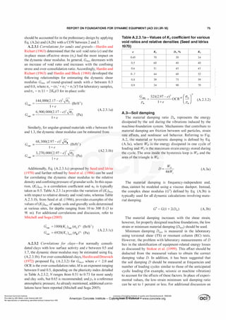 REPORT ON FOUNDATIONS FOR DYNAMIC EQUIPMENT (ACI 351.3R-18) 75
should be accounted for in the preliminary design by applying
Eq. (A.2a) and (A.2b) with a COY between 2 and 3.
A.2.3.1 Correlationsf
or sands and gravels-Hardin and
Richart (1963) determined that the soil void ratio (e) and the
in-place mean effective stress (a0) had the most impact on
the dynamic shear modulus. In general, Gmax decreases with
an increase of void ratio and increases with the confining
stress and over-consolidation ratio. Accordingly, Hardin and
Richart (1963) and Hardin and Black (1968) developed the
following relationships for estimating the dynamic shear
modulus Gmax of round-grained sands with e between 0.3
and 0.8, where a0 = (a1' + az' + a3')/3 for laboratory samples,
and a0 = a1'(1 + 2K0)/3 for in-place soils:
144, 000(2. 17 - e)/� 2
G = (lb/ft )
max 1 + e
6,900, 000(2.17 - e)
2
.{<i;
G,a, =
1
(Pa)
+ e
(A.2.3.1a)
Similarly, for angular-grained materials with e between 0.6
and 1.3, the dynamic shear modulus can be estimated from
68,300(2.97 - e)2 [<i; 2
G = (lb/ft )
mar 1 + e
3, 270, 000 (2.97 - e)
2
.{<i;
G,m =
I
(Pa)
+ e
(A2.3. 1b)
Additionally, Eq. (A.2.3.1c) proposed by Seed and Idriss
(1970) and further refined by Seed et a!. (1986) can be used
for correlating the dynamic shear modulus to the relative
density and confining pressure ofgranular soils. In this equa­
tion, (K2)max is a correlation coefficient and nc is typically
taken as 0.5. Table A.2.3 . 1 a provides the variation of(K2)max
with respect to relative density and void ratio, whereas Table
A.2.3. 1b, from Seed et a!. (1986), provides examples ofthe
values of(K2)max of sandy soils and gravelly soils determined
at various sites, for depths ranging from 1 0 to 300 ft (3 to
91 m). For additional correlations and discussion, refer to
Mitchell and Saga (2005)
Gmax
= 1000(K2),ax(<>0)"c (lb/fe )
Gmax = 6920(K2 ),m (00 )"G (Pa)
(A.2.3. 1 c)
A.2.3.2 Correlations f
or clays-For normally consoli­
dated clays with low surface activity and e between 0.5 and
1.7, the dynamic shear modulus may be estimated using Eq.
(A.2.3. 1b). For over-consolidated clays, Hardin and Dmevich
(1972) proposed Eq. (A.2.3.2) for Gma.n where e < 2.0 and
OCR is the over-consolidation ratio; Mis an exponent ranging
between 0 and 0.5, depending on the plasticity index detailed
in Table A.2.3.2; N ranges from 0.5 1 to 0.73 for most sandy
and clay soils, but 0.65 is recommended; andPa is a reference
atmospheric pressure. As already mentioned, additional corre­
lations have been reported (Mitchell and Saga 2005).
Table A.2.3.1a-Values of K2 coefficient for various
void ratios and relative densities (Seed and ldriss
1970)
e
0.45
0.5
0.6
0-.7
0.8
0.9
K, D, % K,
70 30 34
60 40 40
5 1 45 43
44 60 52
39 75 59
34 90 70
Gmax =
321(2.97 - e)2
OCRM (<>o )N
1
(A.2.3.2)
Pa + e Pa
A.3-Soil dam ping
The material damping ratio Dm represents the energy
dissipated by the soil during the vibrations induced by the
machine-foundation system. Mechanisms that contribute to
material damping are friction between soil particles, strain
rate effects, and nonlinear soil behavior. Referring to Fig.
A.2, the material or hysteretic damping is defined by Eq.
(A.3a), where WD is the energy dissipated in one cycle of
loading and Ws is the maximum strain energy stored during
the cycle. The area inside the hysteresis loop is WD and the
area ofthe triangle is Ws.
(A.3a)
The material damping is frequency-independent and,
thus, cannot be modeled using a viscous dashpot. Instead,
the complex shear modulus (G*) defined by Eq. (A.3b) is
typically used for all dynamic calculations involving mate­
rial damping.
G* = G(1 + 2iD111) (A.3b)
The material damping increases with the shear strain;
however, for properly designed machine foundations, the low
strain or minimum material damping (D111;,) should be used.
Minimum damping Dmin is measured in the laboratory
using torsional shear (TS) or resonant column (RC) tests.
However, the problem with laboratory measurements of D
lies in the identification of equipment-related energy losses
as discussed by Stokoe et a!. (1999). This effect should be
deducted from the measured values to obtain the correct
damping value D. In addition, it has been suggested that
the soil damping D should be measured at frequencies and
number of loading cycles similar to those of the anticipated
cyclic loading (for example, seismic or machine vibration)
to account for the effects ofthese factors. In place ofexperi­
mental values, the low-strain minimum soil damping ratio
can be set to 1 percent or less. For additional discussion on
American Concrete Institute
Provided by IHS Markit under license with ACI
No reproduction or networking permitted without license from IHS
Licensee=Chongqing Institute of quality and Standardizationb 5990390
American Concrete Institute- Cop-ytril!}fltertJ.@1rllll'lfe¥i1!l3!l www.concrete.org
 