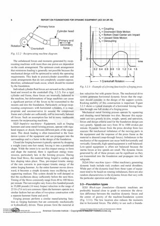 6 REPORT ON FOUNDATIONS FOR DYNAMIC EQUIPMENT (ACI 351.3R-18)
/Primary force
Cylinder head
Rotatio.@ Crankshaft
Fig. 3.2.2-Reciprocating machine diagram.
Primary and
.. ..
secondary
force
The unbalanced forces and moments generated by recip­
rocating machines with more than one piston are dependent
on the crank arrangement. The optimum crank arrangement
that minimizes loading is generally not possible because the
mechanical design will be optimized to satisfy the operating
requirements. This leads to piston/cylinder assemblies and
crank arrangements that do not completely counter-oppose;
therefore, unbalanced loads occur, which should be resisted
by the foundation.
Individual cylinder fluid forces act outward on the cylinder
head and inward on the crankshaft (Fig. 3.2.2). For a rigid
cylinder and frame, these forces are internally balanced in
the machine, but deformations of large machines can cause
a significant portion of the forces to be transmitted to the
mounts and into the foundation. Particularly on large recip­
rocating compressors with horizontal cylinders, it is inap­
propriate and unconservative to assume the compressor
frame and cylinder are sufficiently stiff to internally balance
all forces. Such an assumption has led to many inadequate
mounts for reciprocating machines.
3.2.3 Impulsive machinery-Equipment, such as forging
hammers and some metal-forming presses, operate with regu­
lated impacts or shocks between different parts of the equip­
ment. This shock loading is often transmitted to the foun­
dation system of the equipment and can propagate into the
surroundings and is a factor in the design ofthe foundation.
Closed die forging hammers typically operate by dropping
a weight (ram) onto hot metal, forcing it into a predefined
shape. While the intent is to use this impact energy to form
and shape the material, there is significant energy trans­
mission, particularly late in the forming process. During
these final blows, the material being forged is cooling and
less shaping takes place. Thus, pre-impact kinetic energy
of the ram converts to post-impact kinetic energy of the
entire forging hammer. As the entire hammer moves down­
ward, it becomes a simple dynamic mass oscillating on its
supporting medium. This system should be well damped so
that the oscillations decay sufficiently before the next blow.
Timing of the blows commonly range from 40 to 100 blows
per minute. The ramweights vary from a few hundred pounds
to 35,000 pounds (16 tons). Impact velocities in the range of
25 ft/s (7.6 rn/s) are common. Open die hammers operate in a
similar fashion but are often oftwo-piece construction with
a separate hammer frame and anvil.
Forging presses perform a similar manufacturing func­
tion as forging hammers but are commonly mechanically
or hydraulically driven. These presses form the material at
t1 =Coupling
r-r-
f.- t2 = Downward Slide Motion
t3 =Bottom Dead Center w/o Impact
�
0
LL
ro
c
2
·.:::
0
I
-_ t4 = Upward Slide Motion
t5 = Decoupling
/
r-
!"
, I
0
I "'-. / I
lo.2 0.4 0.6 0.8 1.0 1.2 1.4 1.6
t1 t2 3
1. t4 ts
�
t1 Crankshaft Rotation =I
time
Fig. 3.2.3-Example ofaf
orcingf
unctionf
oraf
orgingpress.
low velocities but with greater forces. The mechanical drive
system generates horizontal dynamic forces that the engi­
neer should consider in the design of the support system.
Rocking stability of this construction is important. Figure
3 .2.3 shows a typical example of a horizontal forcing func­
tion through one full stroke of a forging press.
Mechanical metal forming presses operate by squeezing
and shearing metal between two dies. Because this equip­
ment can vary greatly in size, weight, speed, and operation,
forces and design criteria used for the foundation design can
vary greatly. Speeds can vary from 30 to 1800 strokes per
minute. Dynamic forces from the press develop from two
sources: the mechanical imbalance of the moving parts in
the equipment and the response of the press frame as the
material is sheared (snap-through forces). Imbalances in the
mechanics ofthe equipment can occur both horizontally and
vertically. Generally, high-speed equipment is well balanced.
Low-speed equipment is often not balanced because the
inertia forces at low speeds are small. The dynamic forces
generated by all of these presses can be significant as they
are transmitted into the foundation and propagate into the
subgrade.
3.2.4 Other machine rypes-Other machinery generating
dynamic loads include rock crushers and metal shredders.
While part of the dynamic load from these types of equip­
ment tend to be based on rotating imbalances, there are also
random characteristics to the dynamic forces that vary with
the particular operation and design.
3.3-Foundation types
3.3.1 Block-rype f
oundation-Dynamic machines are
preferably located close to grade to minimize the eleva­
tion difference between the machine dynamic forces and
the center of gravity of the machine-foundation system
(Fig. 3.3. 1). The low location also reduces the moments
due to horizontal forces. The ability to use such a founda-
 