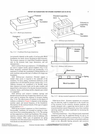 REPORT ON FOUNDATIONS FOR DYNAMIC EQUIPMENT (ACI 351.3R-18) 7
Fig. 3.3. 1-Block-typef
oundation.
Pedestal-2
Fig. 3.3.2-Combined block-typef
oundation.
tion primarily depends on the quality ofsurface soils. Block
foundations are nearly always designed as rigid structures.
The dynamic response of a rigid block foundation depends
only on the dynamic load, mass, dimensions, and soil
characteristics.
3.3.2 Combined block-typef
oundation-Combined blocks
are used to support closely spaced machines (Fig. 3.3.2).
When designing combined block-type foundations, it is
important to consider the combination offorces from two or
more machines and possible lack of stiffness of a larger mat
foundation.
3.3.3 T
abletop-type f
oundation-Elevated support is
needed when access is required to the underside of the
machinery for ducts, piping, maintenance platforms, or the
machine has to be elevated for process reasons (Fig. 3.3.3).
Tabletop structures are considered to be flexible, hence
their response to dynamic loads can be quite complex and
depend both on the motion ofits discrete structural members
(columns, beams, and footing) and the subgrade upon which
it is supported.
3.3.4 T
abletop with isolators-Isolators (springs and
dampers) located at the top ofsupporting columns are some­
times used to minimize the response to dynamic loading
(Fig. 3.3.4). The effectiveness of isolators (or the degree of
isolation, as defined in Chapter 6) depends on the damping,
machine speed, and natural frequency of the foundation.
Descriptions for the technical details of this type of support
are provided in 6.3.3.
3.3.5 Spring-mounted equipment on block f
oundation­
Occasionally, machinery are mounted on springs to mini­
mize forces from connecting piping (Fig. 3.3.5). The springs
are then supported on a block-type foundation. This arrange­
ment has a dynamic effect similar to that for tabletops with
vibration isolators. Other types of equipment are spring
mounted to limit the transmission of dynamic forces. Tech­
nical details are described in 6.3.3.
Elevated supporting
deck
Columns or
supporting
frames
Mat
foundation
Fig. 3.3.3-T
abletop-typef
oundation.
D
r= .....___ Vibration
Isolator
I I
Fig. 3.3.4-T
abletop with isolators.
/Steel frame
D D
o� Spring
��----�=-----��
Block foundation
Fig. 3.3.5-S
pring-mounted equipment on blockf
oundation.
3.3.6 Inertia block-Dynamic equipment on a structure
may be relatively small in comparison to the overall size
of the structure. In this situation, dynamic machines are
usually designed with a supporting inertia block to shift
structure/machine natural frequencies away from machine
operating speeds and reduce amplitudes by increasing the
inertia (Fig. 3.3.6).
3.3.7 Deepf
oundations-Any ofthe previously mentioned
foundation types may be supported directly on soil or on
deep foundations such as piles or caissons (Fig. 3.3.7). Deep
foundations are generally usedwhere soft ground conditions
result in low allowable bearing pressures and excessive
American Concrete Institute
Provided by IHS Markit under license with ACI
No reproduction or networking permitted without license from tHS
Licensee=Chongqing Institute of quality and Standardizationb 5990390
American Concrete Institute- Copytri!!lflt�.@'IW!fe¥i11�3!l www.concrete.org
 