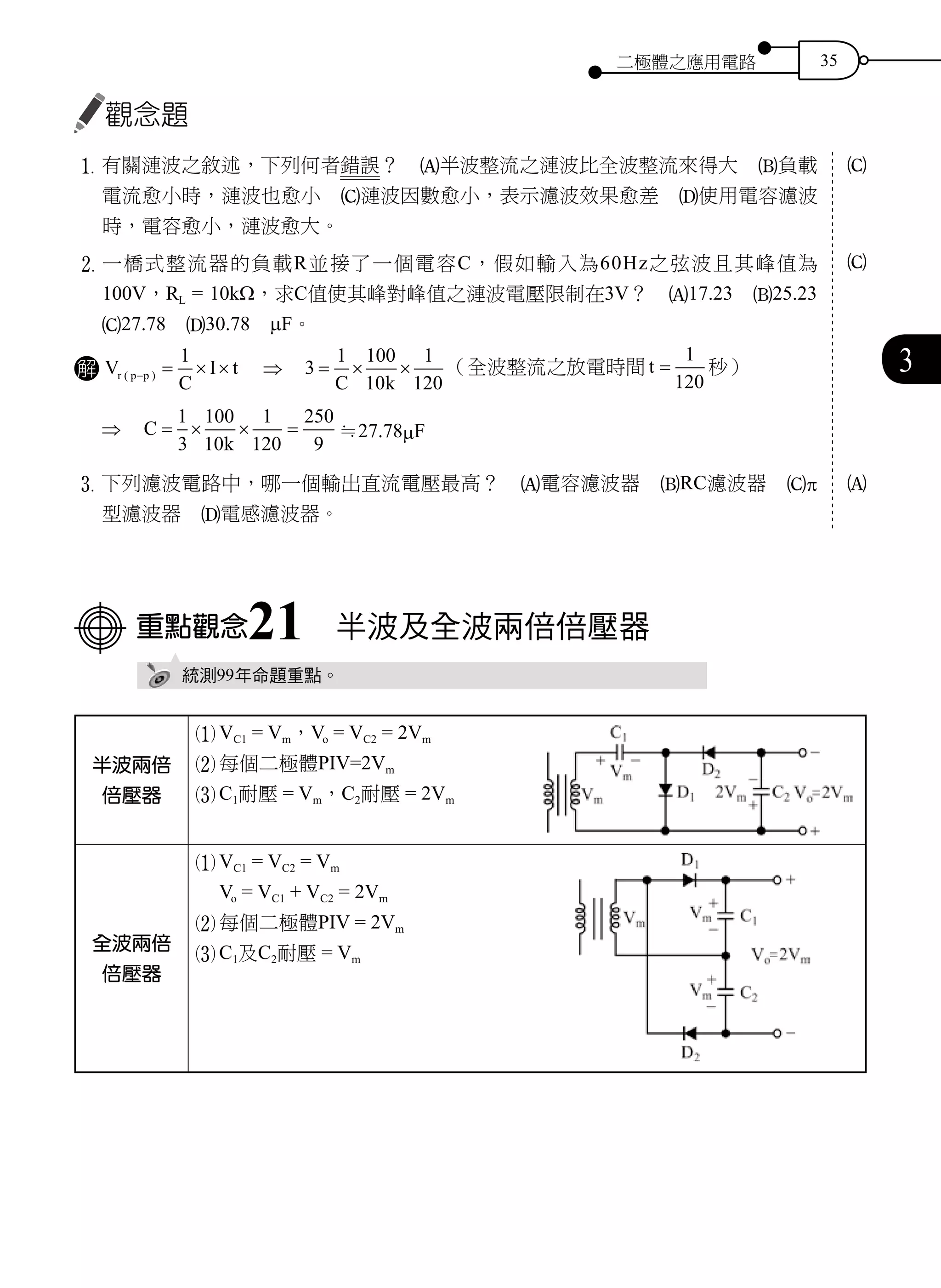 二極體之應用電路 35
3
觀念題
1	有關漣波之敘述，下列何者錯誤？　A半波整流之漣波比全波整流來得大　B負載
電流愈小時，漣波也愈小　C漣波因數愈小，表示濾波效果愈差　D使用電容濾波
時，電容愈小，漣波愈大。
2	一橋式整流器的負載R並接了一個電容C，假如輸入為60Hz之弦波且其峰值為
100V，RL = 10kΩ，求C值使其峰對峰值之漣波電壓限制在3V？　A17.23　B25.23　
C27.78　D30.78　µF。
解 V
C
I tr p p( )− = × ×
1
　⇒　3
1 100
10
1
120
= × ×
C k
（全波整流之放電時間 t =
1
120
秒）
⇒　C
k
= × × =
1
3
100
10
1
120
250
9
≒27.78µF
3	下列濾波電路中，哪一個輸出直流電壓最高？　A電容濾波器　BRC濾波器　Cπ
型濾波器　D電感濾波器。
重點觀念21　半波及全波兩倍倍壓器
統測99年命題重點。
半波兩倍
倍壓器
1 VC1 = Vm，Vo = VC2 = 2Vm
2 每個二極體PIV=2Vm
3 C1耐壓 = Vm，C2耐壓 = 2Vm
全波兩倍
倍壓器
1 VC1 = VC2 = Vm
Vo = VC1 + VC2 = 2Vm
2 每個二極體PIV = 2Vm
3 C1及C2耐壓 = Vm
C
C
A
 