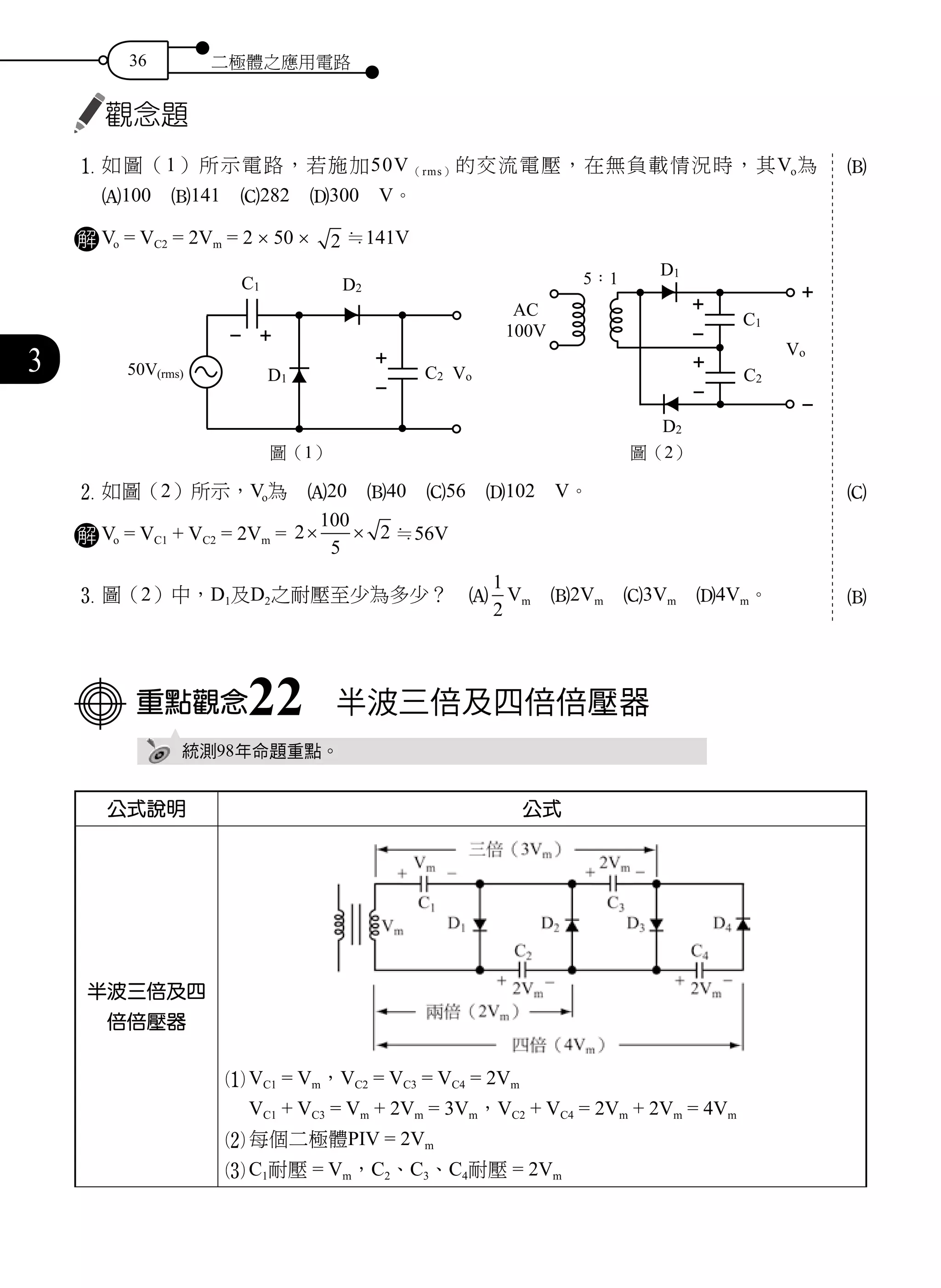 36 二極體之應用電路
3
觀念題
1	如圖（1）所示電路，若施加50V（rms）的交流電壓，在無負載情況時，其Vo為　
A100　B141　C282　D300　V。
解 Vo = VC2 = 2Vm = 2 × 50 × 2 ≒141V
圖（1） 圖（2）
2	如圖（2）所示，Vo為　A20　B40　C56　D102　V。
解 Vo = VC1 + VC2 = 2Vm = 2
100
5
2× × ≒56V
3	圖（2）中，D1及D2之耐壓至少為多少？　A
1
2
Vm　B2Vm　C3Vm　D4Vm。
重點觀念22　半波三倍及四倍倍壓器
統測98年命題重點。
公式說明 公式
半波三倍及四
倍倍壓器
1	VC1 = Vm，VC2 = VC3 = VC4 = 2Vm
VC1 + VC3 = Vm + 2Vm = 3Vm，VC2 + VC4 = 2Vm + 2Vm = 4Vm
2	每個二極體PIV = 2Vm　
3	C1耐壓 = Vm，C2、C3、C4耐壓 = 2Vm
B
C
B
 