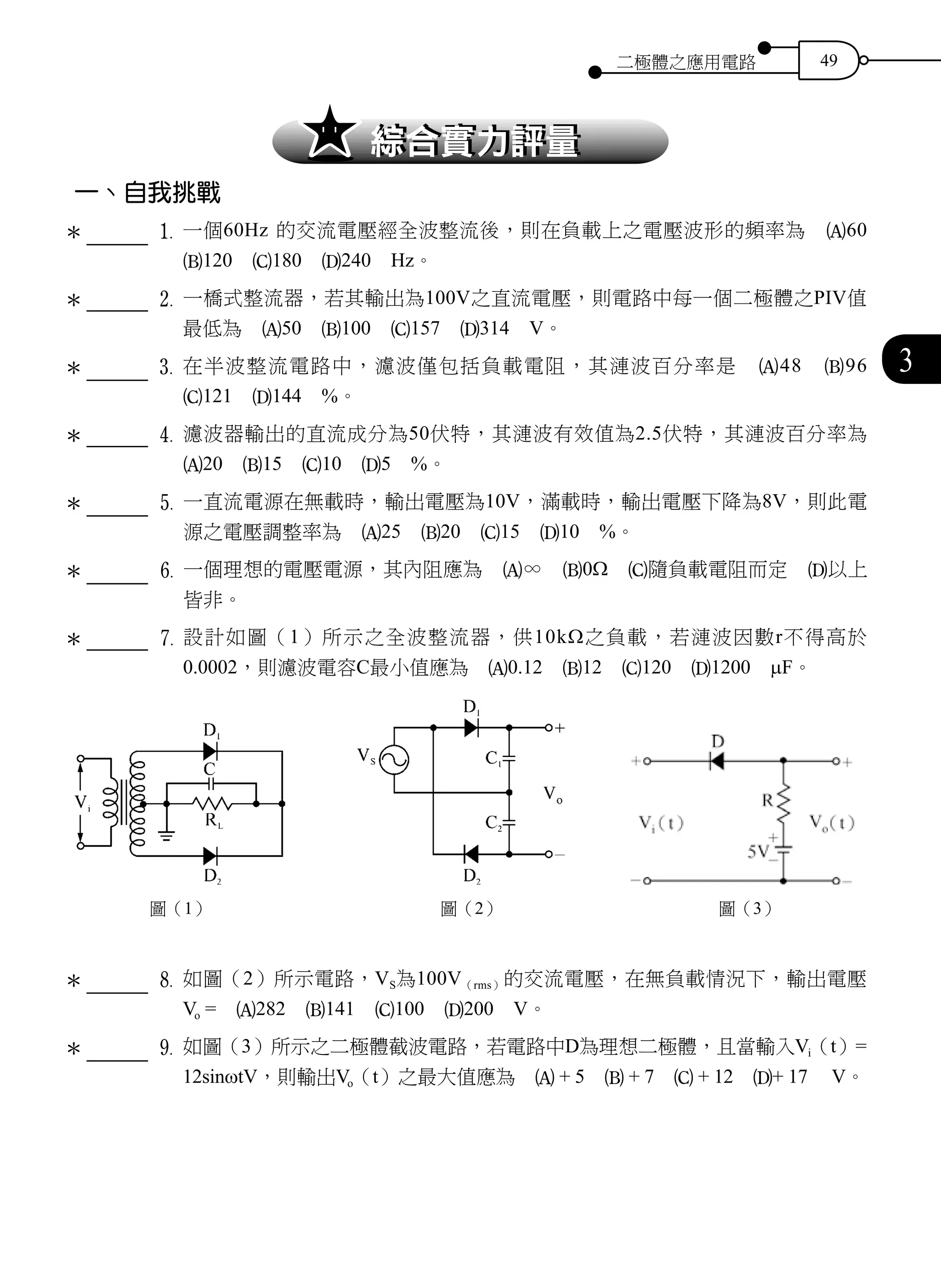 二極體之應用電路 49
3
一、自我挑戰
		 	1	 一個60Hz 的交流電壓經全波整流後，則在負載上之電壓波形的頻率為　A60　
B120　C180　D240　Hz。
2 一橋式整流器，若其輸出為100V之直流電壓，則電路中每一個二極體之PIV值
最低為　A50　B100　C157　D314　V。
		 	3	 在半波整流電路中，濾波僅包括負載電阻，其漣波百分率是　A48　B96　
C121　D144　%。
4	濾波器輸出的直流成分為50伏特，其漣波有效值為2.5伏特，其漣波百分率為　
A20　B15　C10　D5　%。
		 	5	 一直流電源在無載時，輸出電壓為10V，滿載時，輸出電壓下降為8V，則此電
源之電壓調整率為　A25　B20　C15　D10　%。
		 	6	 一個理想的電壓電源，其內阻應為　A∞　B0Ω　C隨負載電阻而定　D以上
皆非。
7	設計如圖（1）所示之全波整流器，供10kΩ之負載，若漣波因數r不得高於
0.0002，則濾波電容C最小值應為　A0.12　B12　C120　D1200　µF。
		 	8	 如圖（2）所示電路，VS為100V（rms）的交流電壓，在無負載情況下，輸出電壓
Vo =　A282　B141　C100　D200　V。
		 	9	 如圖（3）所示之二極體截波電路，若電路中D為理想二極體，且當輸入Vi（t）=
12sinωtV，則輸出Vo（t）之最大值應為　A + 5　B + 7　C + 12　D+ 17　 V。
＊
＊
＊
＊
＊
＊
＊
＊
＊
圖（1） 圖（2） 圖（3）
 