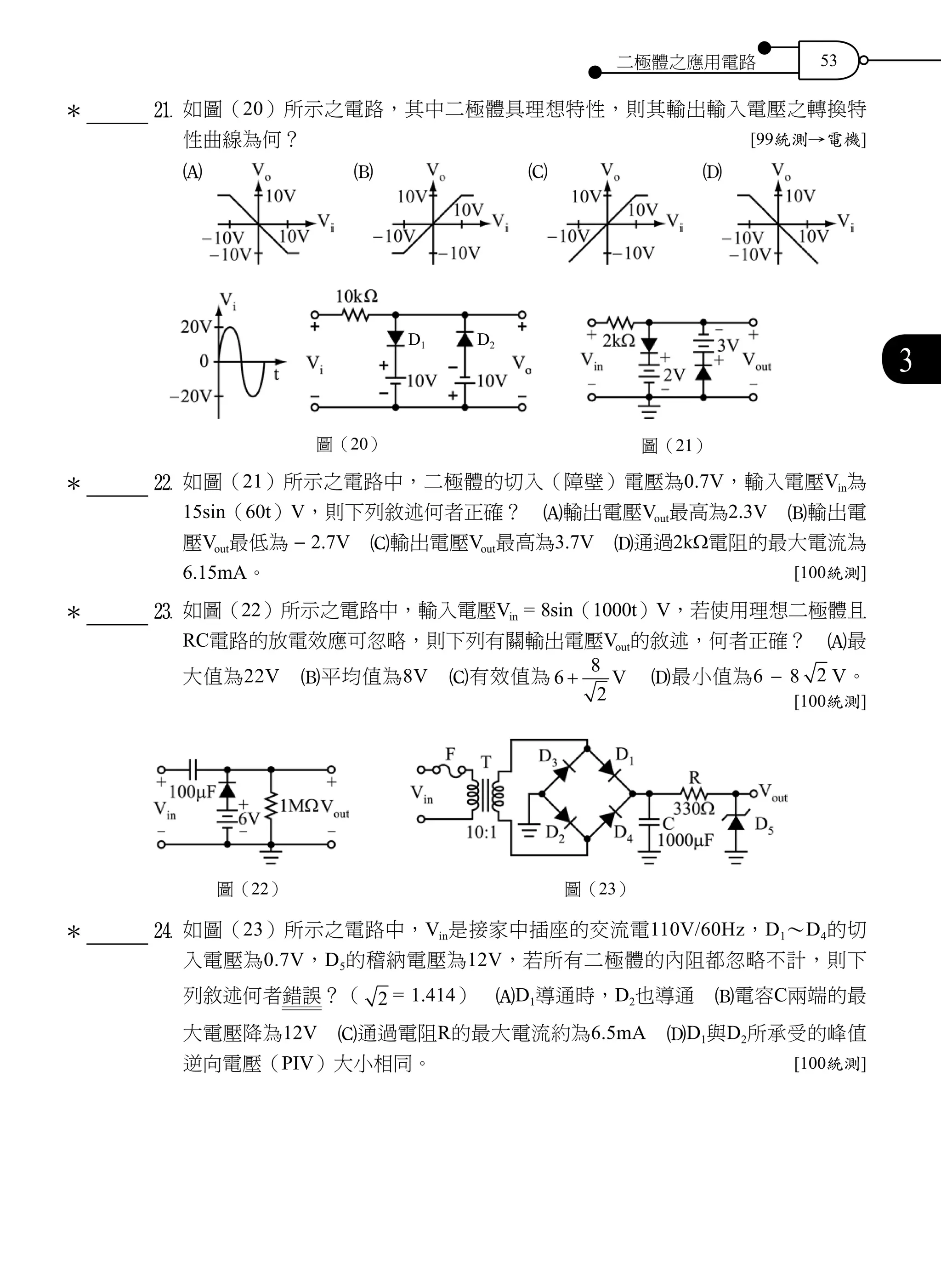 二極體之應用電路 53
3
		 	a	 如圖（20）所示之電路，其中二極體具理想特性，則其輸出輸入電壓之轉換特
性曲線為何？ [99統測→電機]
				 A 　B 　C 　D
圖（20）
D1 D2
圖（21）
		 	s	 如圖（21）所示之電路中，二極體的切入（障壁）電壓為0.7V，輸入電壓Vin為
15sin（60t）V，則下列敘述何者正確？　A輸出電壓Vout最高為2.3V　B輸出電
壓Vout最低為 - 2.7V　C輸出電壓Vout最高為3.7V　D通過2kΩ電阻的最大電流為
6.15mA。 [100統測]
		 	d	 如圖（22）所示之電路中，輸入電壓Vin = 8sin（1000t）V，若使用理想二極體且
RC電路的放電效應可忽略，則下列有關輸出電壓Vout的敘述，何者正確？　A最
大值為22V　B平均值為8V　C有效值為 6
8
2
+ V 　D最小值為6 - 8 2 V。
[100統測]
圖（22） 圖（23）
		 	f	 如圖（23）所示之電路中，Vin是接家中插座的交流電110V/60Hz，D1～D4的切
入電壓為0.7V，D5的稽納電壓為12V，若所有二極體的內阻都忽略不計，則下
列敘述何者錯誤？（ 2 = 1.414）　AD1導通時，D2也導通　B電容C兩端的最
大電壓降為12V　C通過電阻R的最大電流約為6.5mA　DD1與D2所承受的峰值
逆向電壓（PIV）大小相同。 [100統測]
＊
＊
＊
＊
 