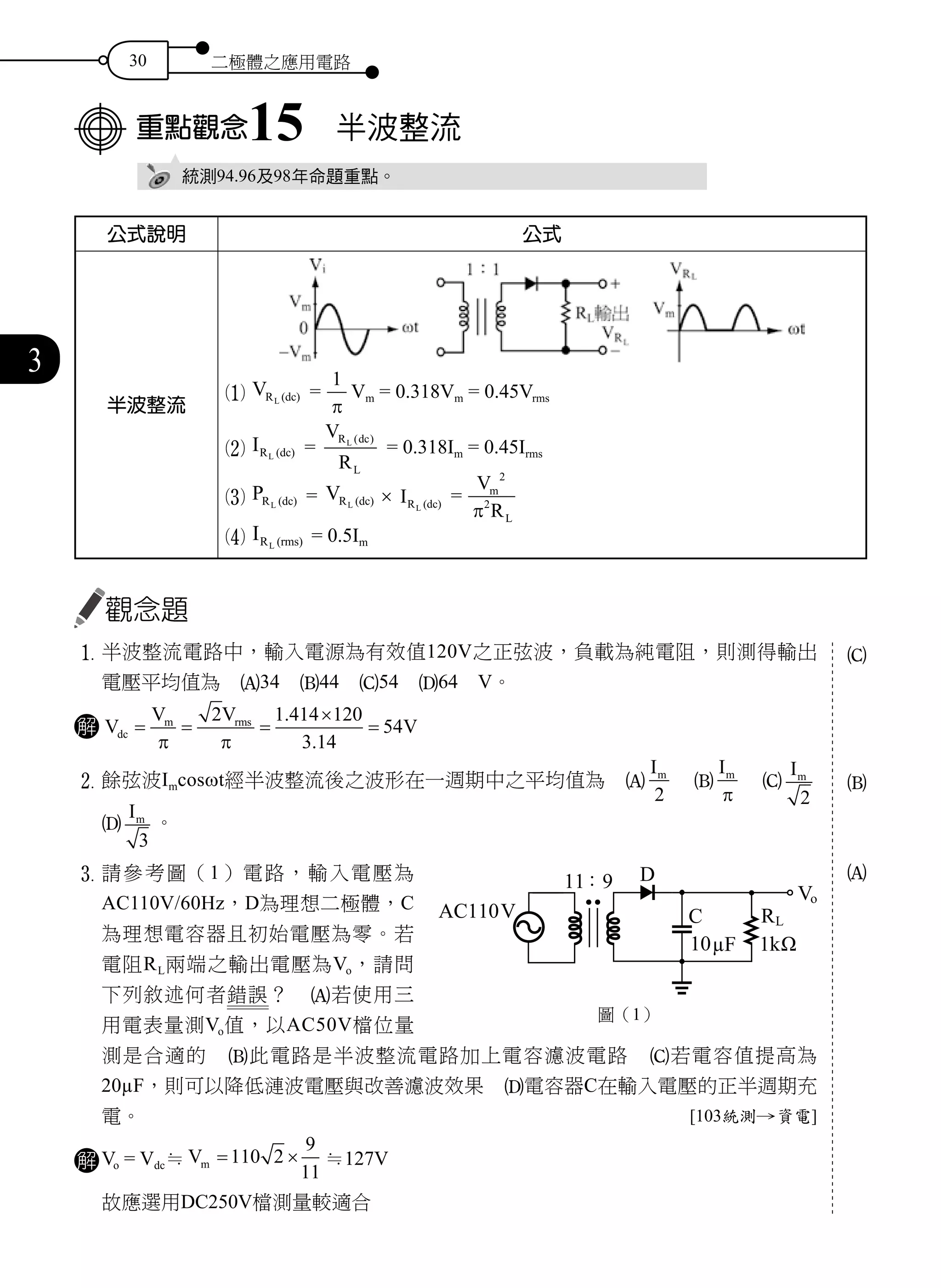 30 二極體之應用電路
3
重點觀念15　半波整流
統測94.96及98年命題重點。
公式說明 公式
半波整流
1 VR (dc)L
=
1
= =π
Vm = 0.318Vm = 0.45Vrms
2 IR (dc)L
=
V
R
R dc
L
L ( )
= 0.318Im = 0.45Irms
3 PR (dc)L
= VR (dc)L
× IR (dc)L
=
V
R
m
L
2
2
= π
4 IR (rms)L
= 0.5Im
觀念題
1	半波整流電路中，輸入電源為有效值120V之正弦波，負載為純電阻，則測得輸出
電壓平均值為　A34　B44　C54　D64　V。
解 V
V V
Vdc
m rms
= = =
×
=
= = = =π π
2 1 414 120
3 14
54
.
.
2	餘弦波Imcosωt經半波整流後之波形在一週期中之平均值為　A
Im
2
　B
Im
= =π
　C
Im
2
　
D
Im
3
。
3	請參考圖（1）電路，輸入電壓為
AC110V/60Hz，D為理想二極體，C
為理想電容器且初始電壓為零。若
電阻RL兩端之輸出電壓為Vo，請問
下列敘述何者錯誤？　A若使用三
用電表量測Vo值，以AC50V檔位量
測是合適的　B此電路是半波整流電路加上電容濾波電路　C若電容值提高為
20µF，則可以降低漣波電壓與改善濾波效果　D電容器C在輸入電壓的正半週期充
電。 [103統測→資電]
解 Vo = Vdc≒ Vm = ×110 2
9
11
≒127V
	 故應選用DC250V檔測量較適合
C
B
A
圖（1）
 