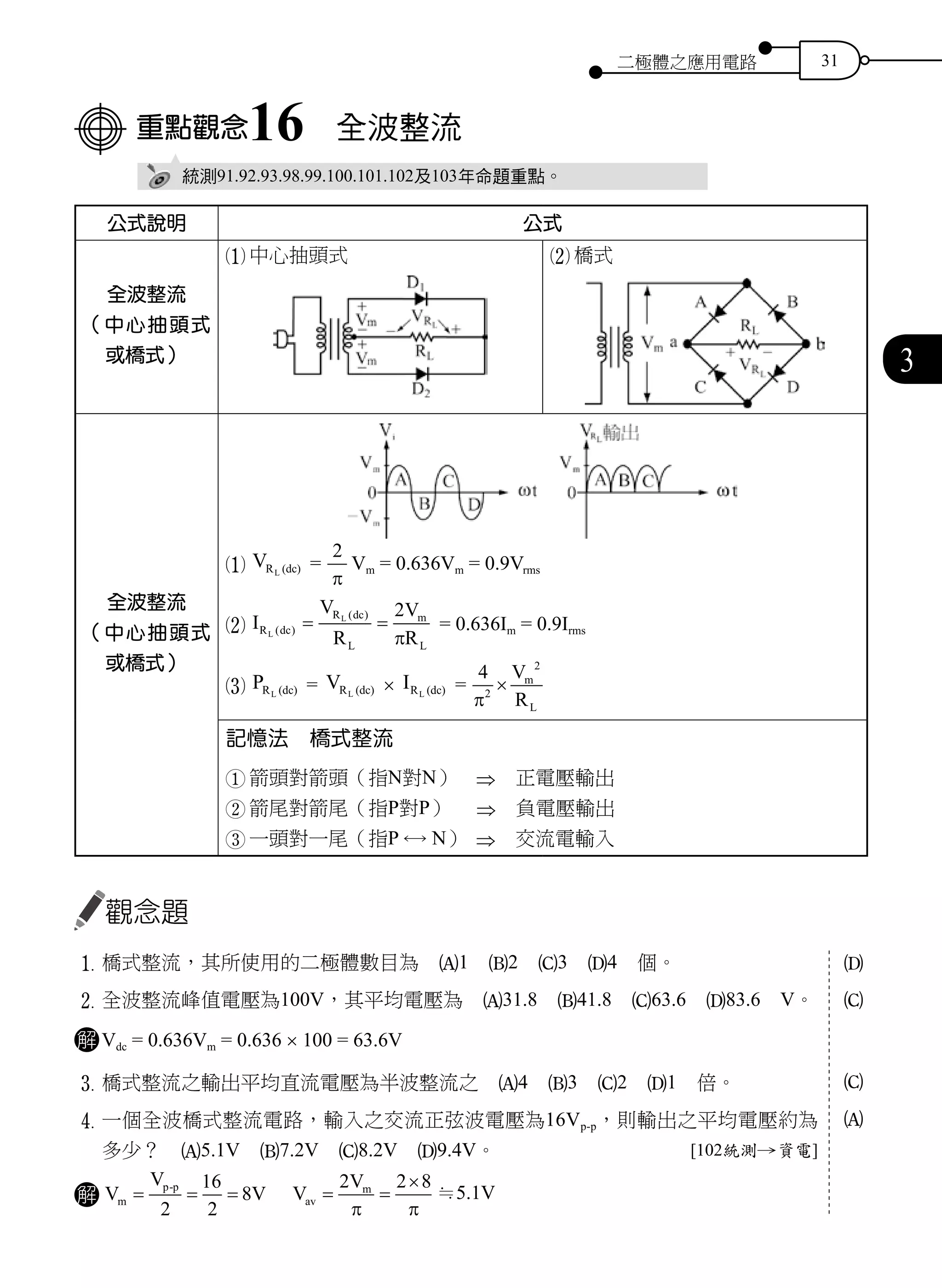 二極體之應用電路 31
3
重點觀念16　全波整流
統測91.92.93.98.99.100.101.102及103年命題重點。
公式說明 公式
全波整流
（中心抽頭式
或橋式）
1 中心抽頭式 2 橋式
全波整流
（中心抽頭式
或橋式）
1 VR (dc)L
=
2
= =π
Vm = 0.636Vm = 0.9Vrms
2 I
V
R
V
R
R dc
R dc
L
m
L
L
L
( )
( )
= =
2
π
= 0.636Im = 0.9Irms
3 PR (dc)L
= VR (dc)L
× IR (dc)L
=
4
2
2
π
×
V
R
m
L
記憶法　橋式整流
1 箭頭對箭頭（指N對N）　⇒　正電壓輸出
2 箭尾對箭尾（指P對P）　 ⇒　負電壓輸出
3 一頭對一尾（指P ←→ N） ⇒　交流電輸入
觀念題
1	橋式整流，其所使用的二極體數目為　A1　B2　C3　D4　個。
2 全波整流峰值電壓為100V，其平均電壓為　A31.8　B41.8　C63.6　D83.6　V。
解 Vdc = 0.636Vm = 0.636 × 100 = 63.6V
3	橋式整流之輸出平均直流電壓為半波整流之　A4　B3　C2　D1　倍。
4	一個全波橋式整流電路，輸入之交流正弦波電壓為16Vp-p，則輸出之平均電壓約為
多少？　A5.1V　B7.2V　C8.2V　D9.4V。 [102統測→資電]
解 V
V
Vm
p p
= = =-
2
16
2
8 　 V
V
av
m
= =
×2 2 8
π π
≒5.1V
D
C
A
C
 