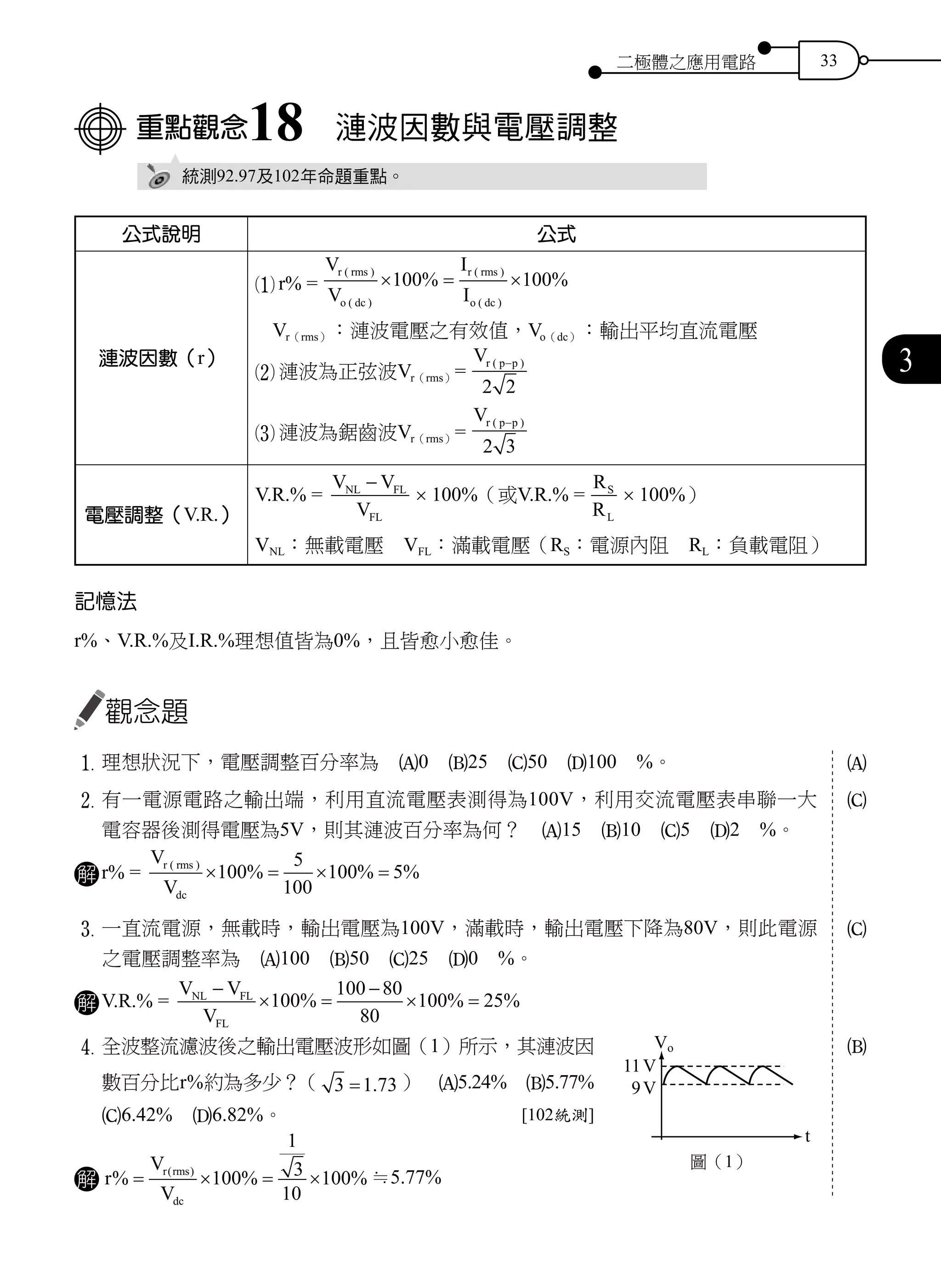二極體之應用電路 33
3
重點觀念18　漣波因數與電壓調整
統測92.97及102年命題重點。
公式說明 公式
漣波因數（r）
1 r% =
V
V
I
I
r rms
o dc
r rms
o dc
( )
( )
( )
( )
% %× = ×100 100
Vr（rms）：漣波電壓之有效值，Vo（dc）：輸出平均直流電壓
2 漣波為正弦波Vr（rms）=
Vr p p( )-
2 2
3 漣波為鋸齒波Vr（rms）=
Vr p p( )-
2 3
電壓調整（V.R.）
V.R.% =
V V
V
NL FL
FL
-
× 100%（或V.R.% =
R
R
S
L
× 100%）
VNL：無載電壓　VFL：滿載電壓（RS：電源內阻　RL：負載電阻）
記憶法
r%、V.R.%及I.R.%理想值皆為0%，且皆愈小愈佳。
觀念題
1	理想狀況下，電壓調整百分率為　A0　B25　C50　D100　%。
2	有一電源電路之輸出端，利用直流電壓表測得為100V，利用交流電壓表串聯一大
電容器後測得電壓為5V，則其漣波百分率為何？　A15　B10　C5　D2　%。
解 r% =
V
V
r rms
dc
( )
% % %× = × =100
5
100
100 5
3	一直流電源，無載時，輸出電壓為100V，滿載時，輸出電壓下降為80V，則此電源
之電壓調整率為　A100　B50　C25　D0　%。
解 V.R.% =
V V
V
NL FL
FL
−
× =
−
× =100
100 80
80
100 25% % %
4	全波整流濾波後之輸出電壓波形如圖（1）所示，其漣波因
數百分比r%約為多少？（ 3 1 73= . ）　A5.24%　B5.77%　
C6.42%　D6.82%。 [102統測]
解 r
V
V
r rms
dc
% % %( )
= × = ×100
1
3
10
100 ≒5.77%
A
C
C
B
圖（1）
 