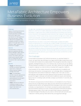 Solution Brief
1
In today’s fast-moving business environment, successful companies are the ones that use
ubiquitous connectivity to enable collaboration among employees, customers, partners,
and vendors—at light speed. They untether their employees by providing secure remote
access to business-critical applications and information that is always on, from anywhere,
using any device. These forward-looking companies skillfully manage a mix of data center,
private cloud, and public cloud resources, staying one step ahead of competitors while
preparing for even more challenging marketplaces in the future.
Falling behind isn’t an option. Your business needs an agile, scalable, and reliable
architecture that allows you to maintain your competitive edge. Unfortunately, chances are
your legacy network simply wasn’t designed for the challenges of the modern data center.
To compete effectively in such a rapidly evolving market, your network needs to work as a
key strategic enabler, powering your physical and virtual data center and cloud assets and
keeping your business fast and lean. Choosing the right network architecture is one of the
most important business decisions your company will ever make—and the time to make
that decision is now.
The Challenge
To fully realize the potential of your network investments, you need the freedom to
choose—an option that may be lacking in your legacy network. Many vendors have a lock-
in mentality that translates into a steady stream of forced capital investments, disruptive
upgrades, and fragmented security, not to mention a lack of control over your own destiny.
Throwing hardware at problems is no solution; the modern network must be agile enough
to adapt to changing circumstances without requiring forklift upgrades or additions.
A key imperative for the modern enterprise is delivering high levels of availability and
performance for business-critical applications—an increasingly difficult challenge when
those applications are hosted on traditional IT infrastructures. Cost is also an issue;
although data center budgets have seen significant annual increases in recent years, IT
groups still struggle to keep pace with demands for additional capacity and increasing
levels of service. Containing CapEx and OpEx is always top of mind for IT executives and
their bosses.
The network is also ground zero for threat attacks, so it is imperative to ensure that your
network security is really doing its job. Legacy security schemes rely on a diverse mix of
firewalls and other devices, all operating with little knowledge of each other or the types
of attacks occurring elsewhere in the network. Consequently, sophisticated attackers
have little trouble accessing your critical customer information and intellectual property.
Defending against today’s ultra-virulent, persistent threats requires a network with
centralized intelligence that allows security tools to communicate with each other and
collaborate to identify and stop threats before they cause significant damage.
MetaFabric Architecture Empowers
Business Evolution
Foundation for an Optimized Mix of Public, Private, and Hybrid Clouds
Challenge
Legacy networking and security
solutions are hampered by
closed, proprietary architectures
that restrict data center
optimization for heterogeneous
cloud environments. Unable
to deliver the availability and
scalability needed to compete
against more agile peers, these
solutions create vendor lock-in
and strain IT budgets.
Solution
The MetaFabric architecture
delivers an agile and efficient
network design for data centers,
including private and hybrid
clouds. This simple, open, and
smart solution avoids vendor
lock-in, clearing the way for
innovations that create business
value.
Benefits
•	 Simple: The MetaFabric
architecture reduces operating
expenses by making the
network easier to deploy,
manage, and scale.
•	 Open: The MetaFabric
architecture gives organizations
the freedom to choose the
optimal blend of technologies
for its specific business
imperatives.
•	 Smart: Network visualization,
correlation, analytics, and
automation provide business
insight that drives more
informed decisions.
 