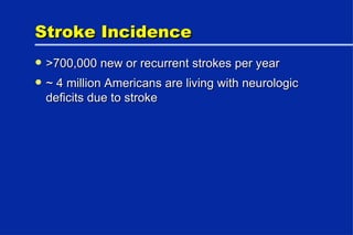 Stroke Incidence >700,000 new or recurrent strokes per year ~ 4 million Americans are living with neurologic deficits due to stroke 